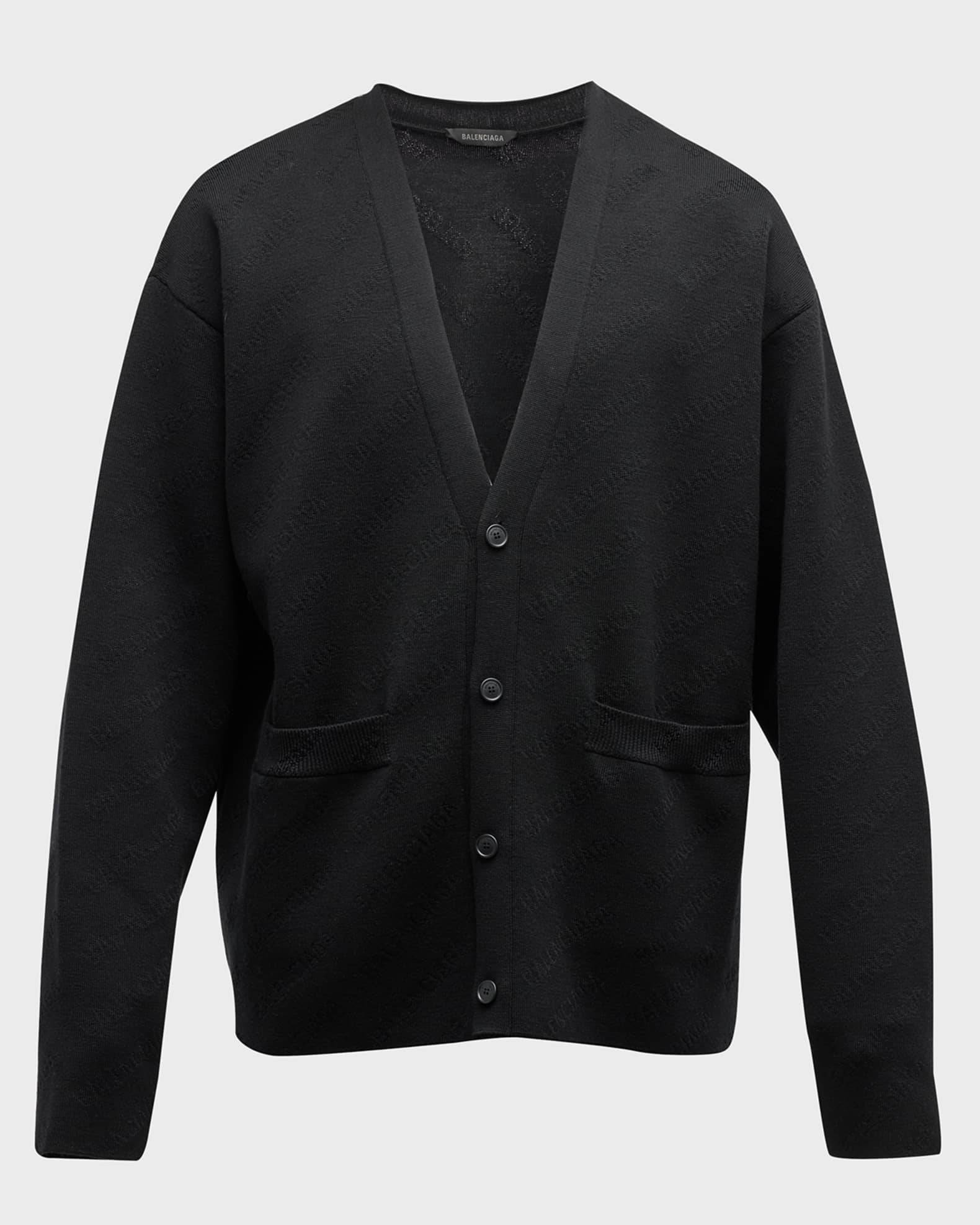 Balenciaga Men's Allover Tonal Logo Cardigan Sweater | Neiman Marcus