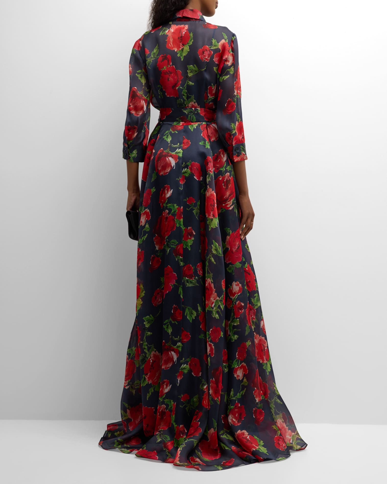 Carolina Herrera Floral Print Trench Gown with Tie Belt | Neiman Marcus