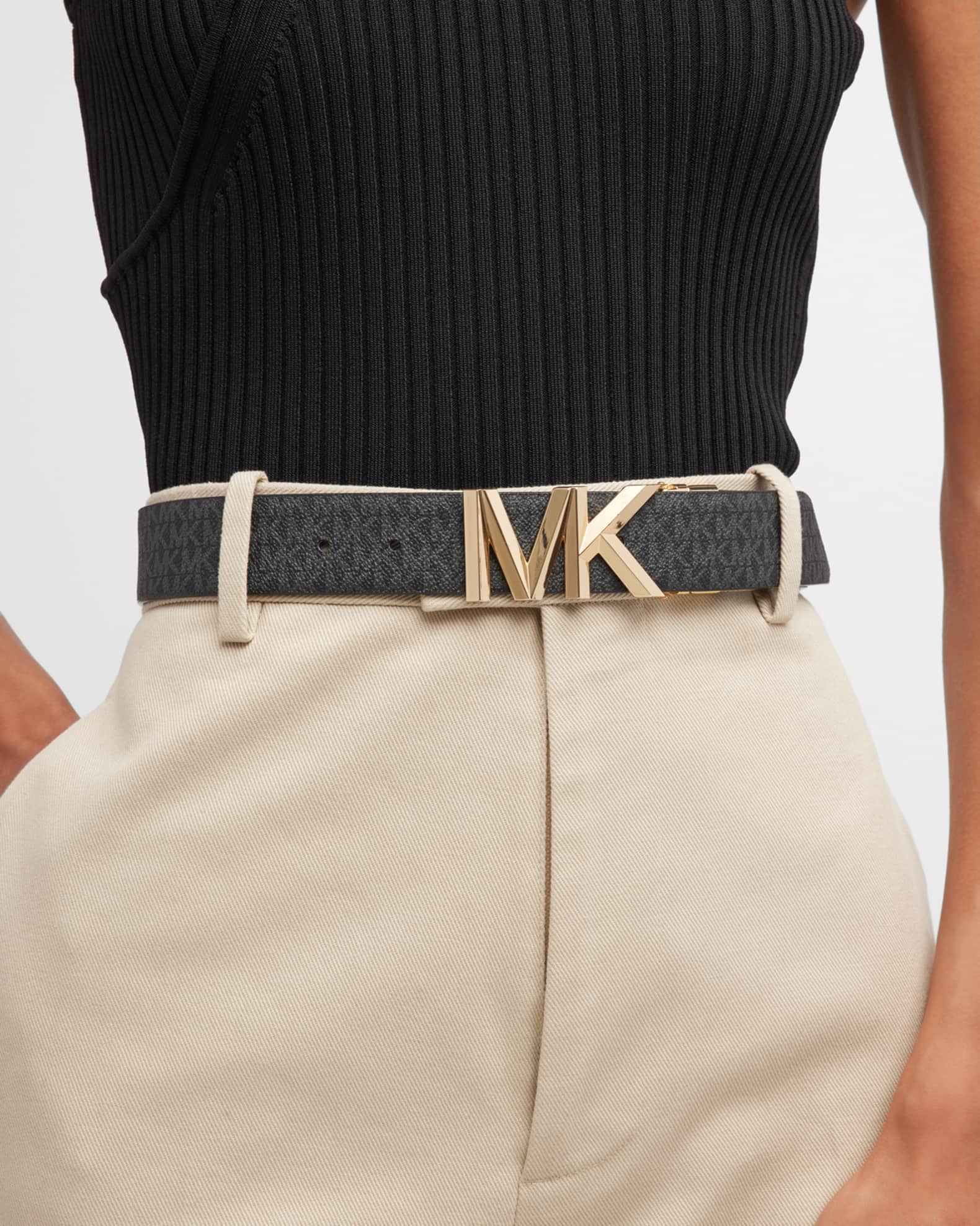 Michael Kors MK Logo Reversible Black Leather Belt Neiman Marcus