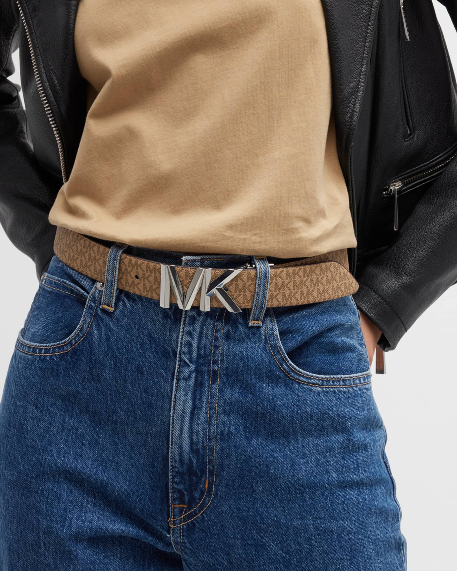Michael Kors MK Logo Reversible Black Leather Belt | Neiman