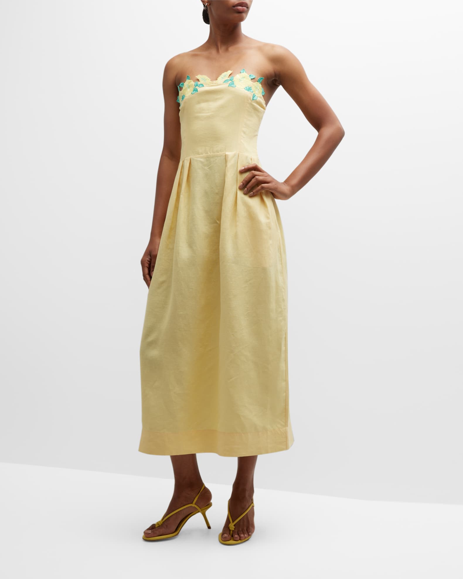 FANM MON Lorr Embroidered Linen Strapless Midi Dress | Neiman Marcus