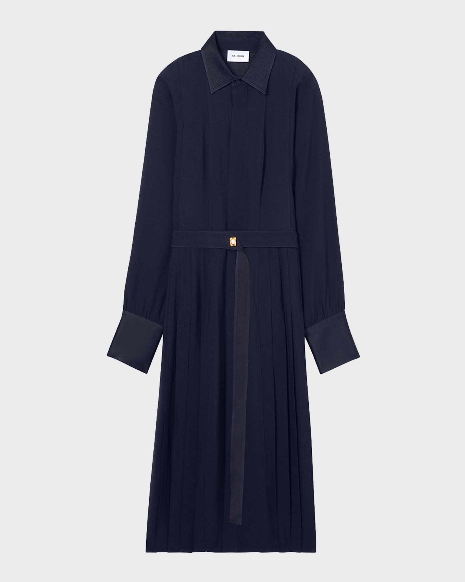 St. John Satin-Back Pleated Crepe Midi Shirtdress With Belt | Neiman Marcus