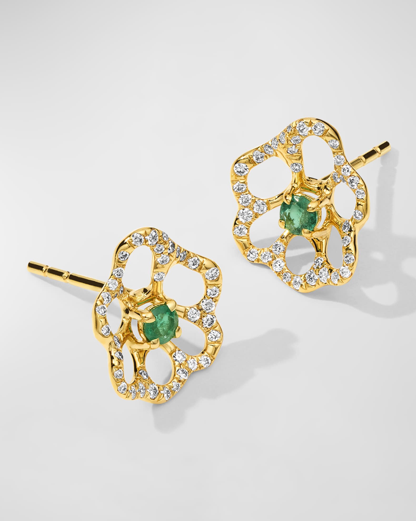 18K Stardust Drizzle Mini Flower Stud Earrings with Green Emerald and Diamonds 1