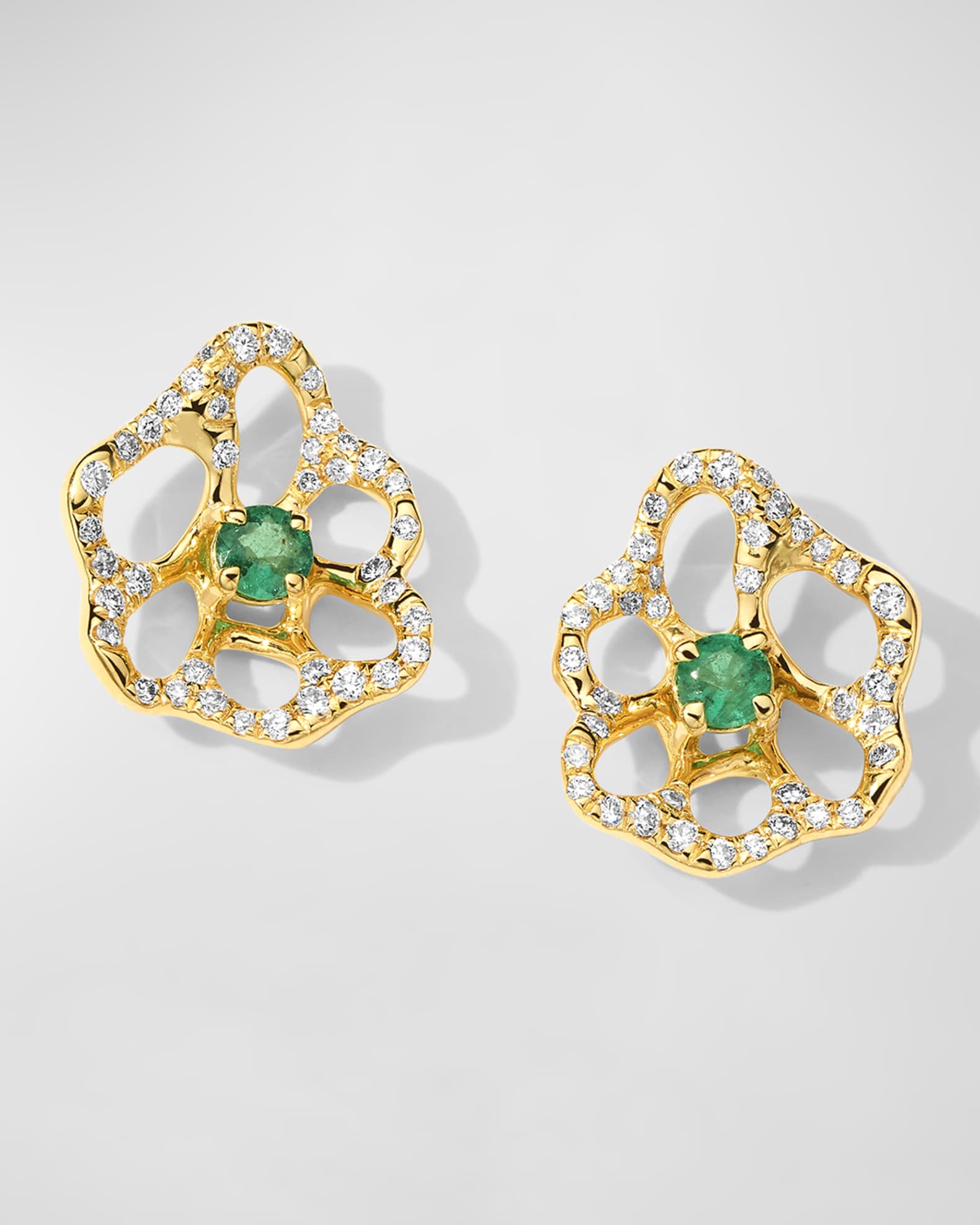 18K Stardust Drizzle Mini Flower Stud Earrings with Green Emerald and Diamonds 0