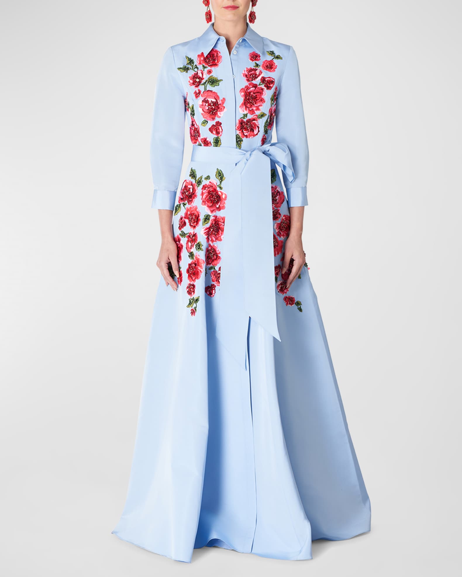 Carolina Herrera Floral Embroidered Belted Trench Gown | Neiman Marcus