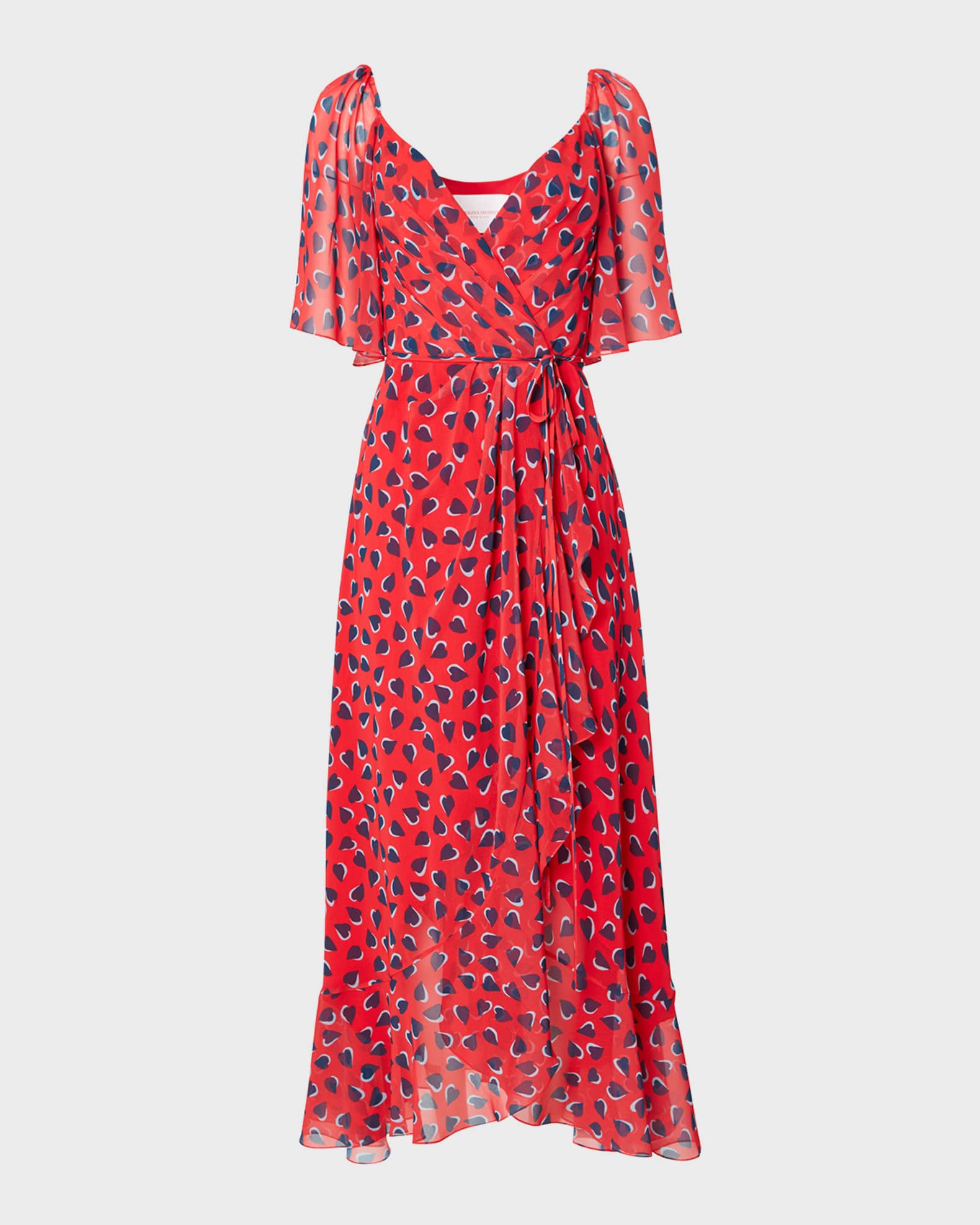 Carolina Herrera Heart-Print Flutter-Sleeve Wrap Midi Dress With Ruffle ...