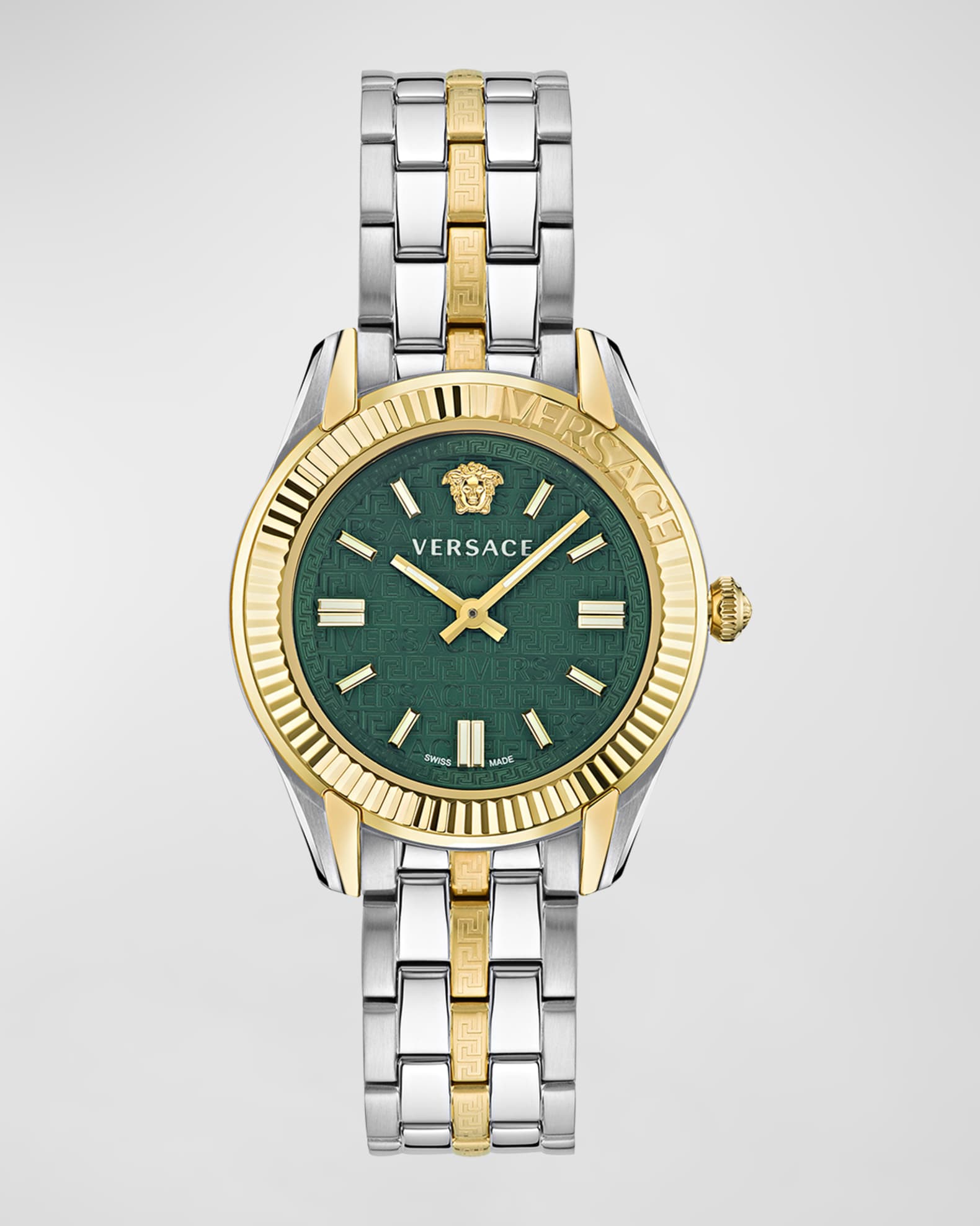 Versace 35mm Greca Time Watch with Bracelet Strap Two Tone Green Neiman Marcus