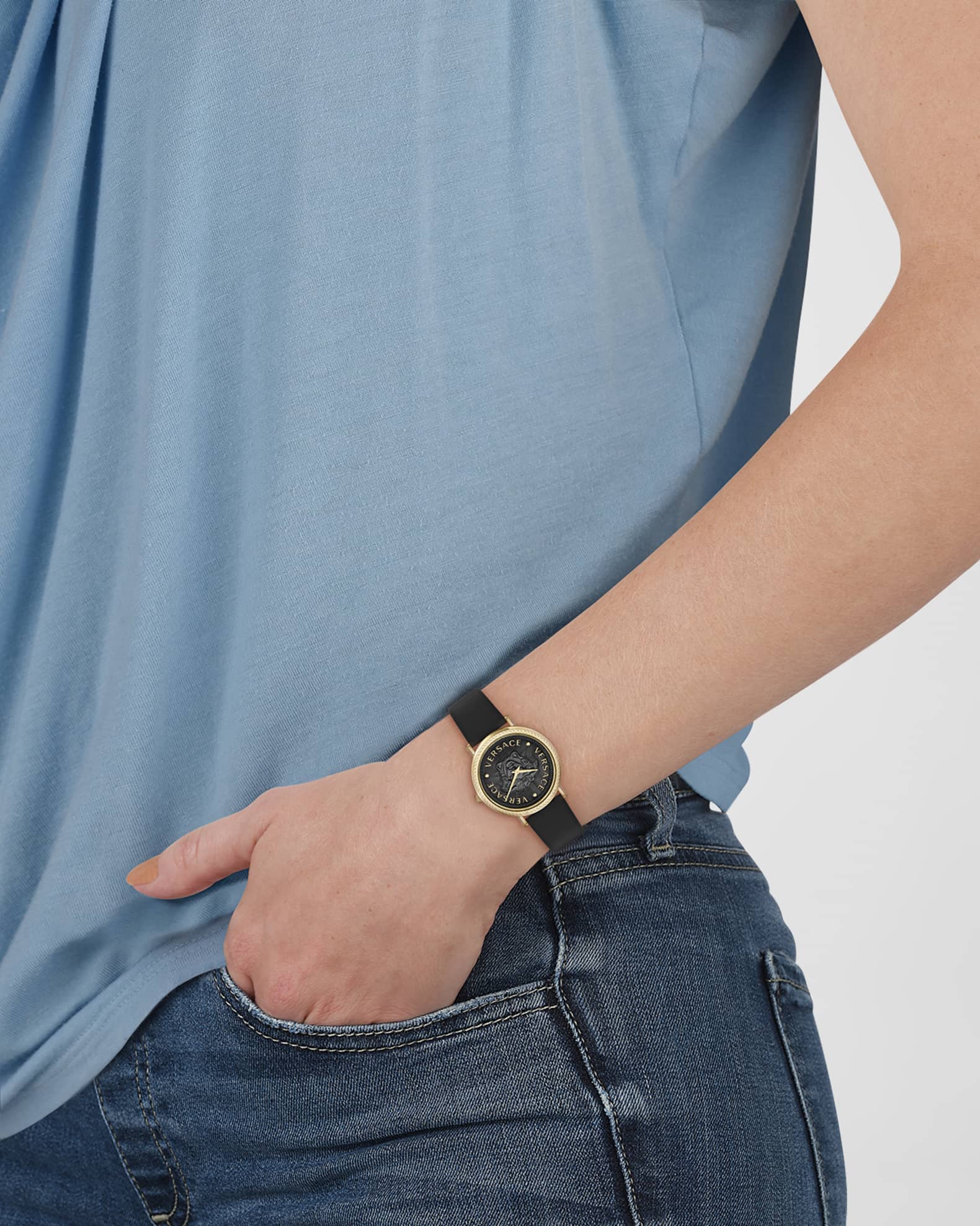 37mm V Dollar Watch with Leather Strap Yellow Gold Black