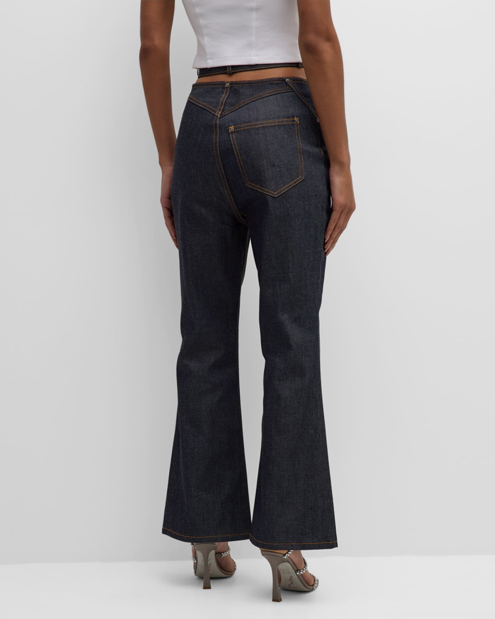 AREA CrystalEmbellished Cutout Flare Crop Denim Butterfly Jeans