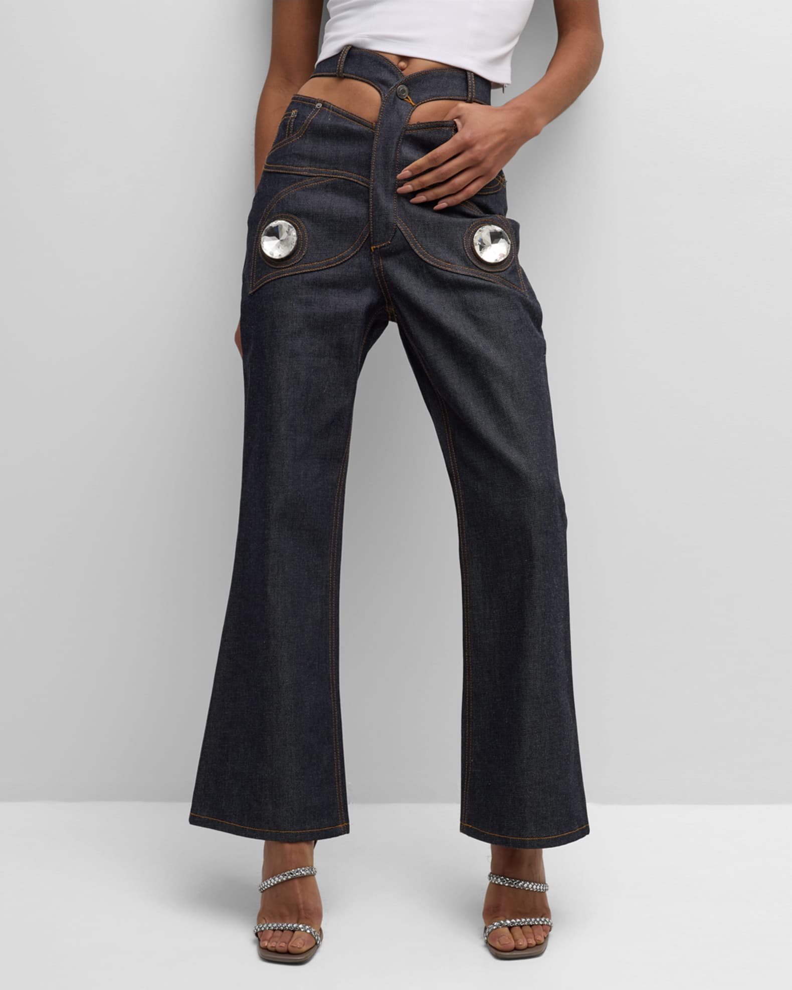 AREA CrystalEmbellished Cutout Flare Crop Denim Butterfly Jeans