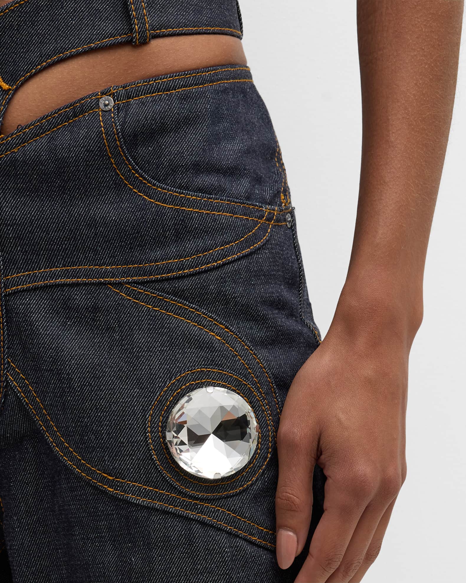 AREA CrystalEmbellished Cutout Flare Crop Denim Butterfly Jeans