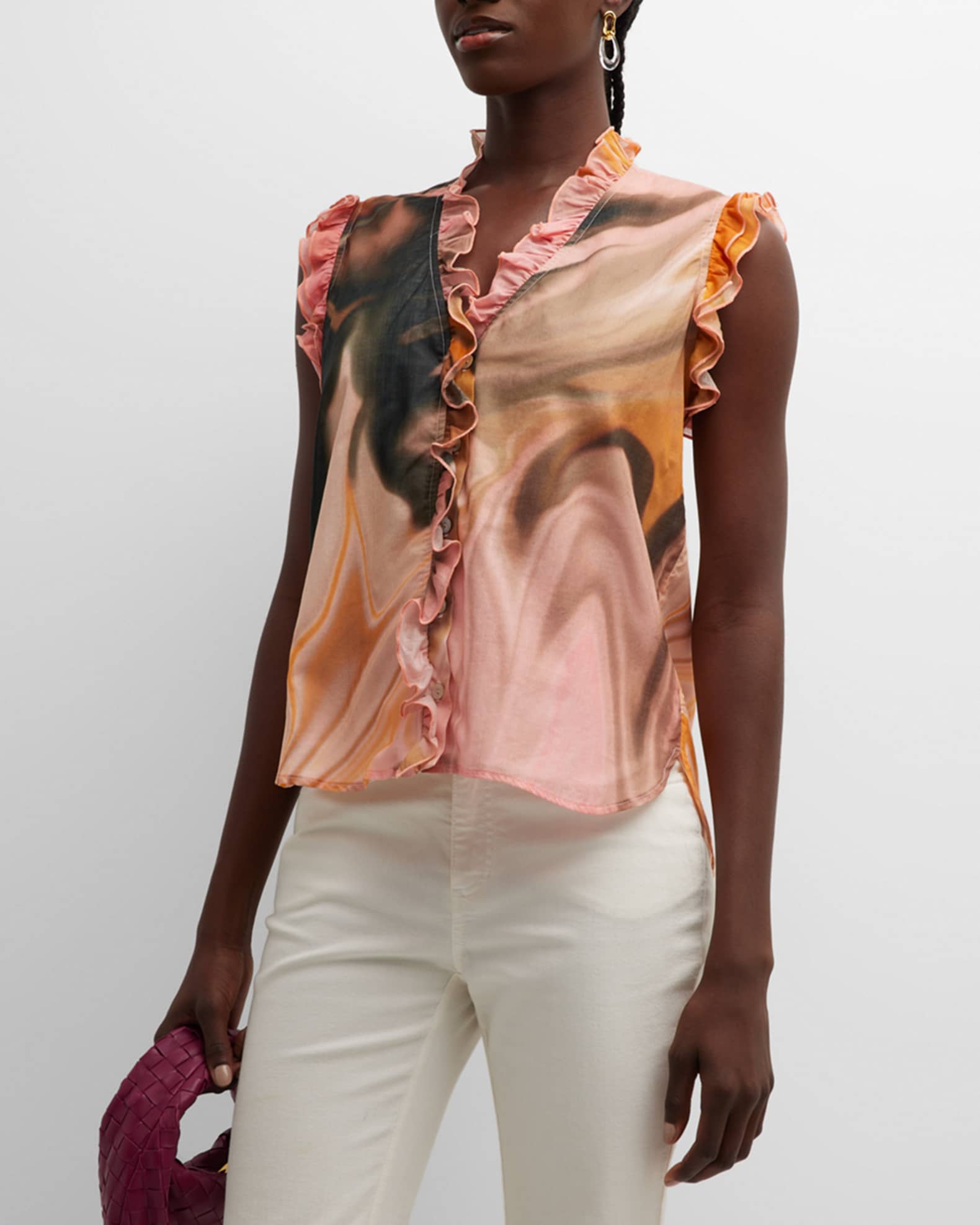 Finley Byrdee Ruffle-Trim Marble-Print Top | Neiman Marcus