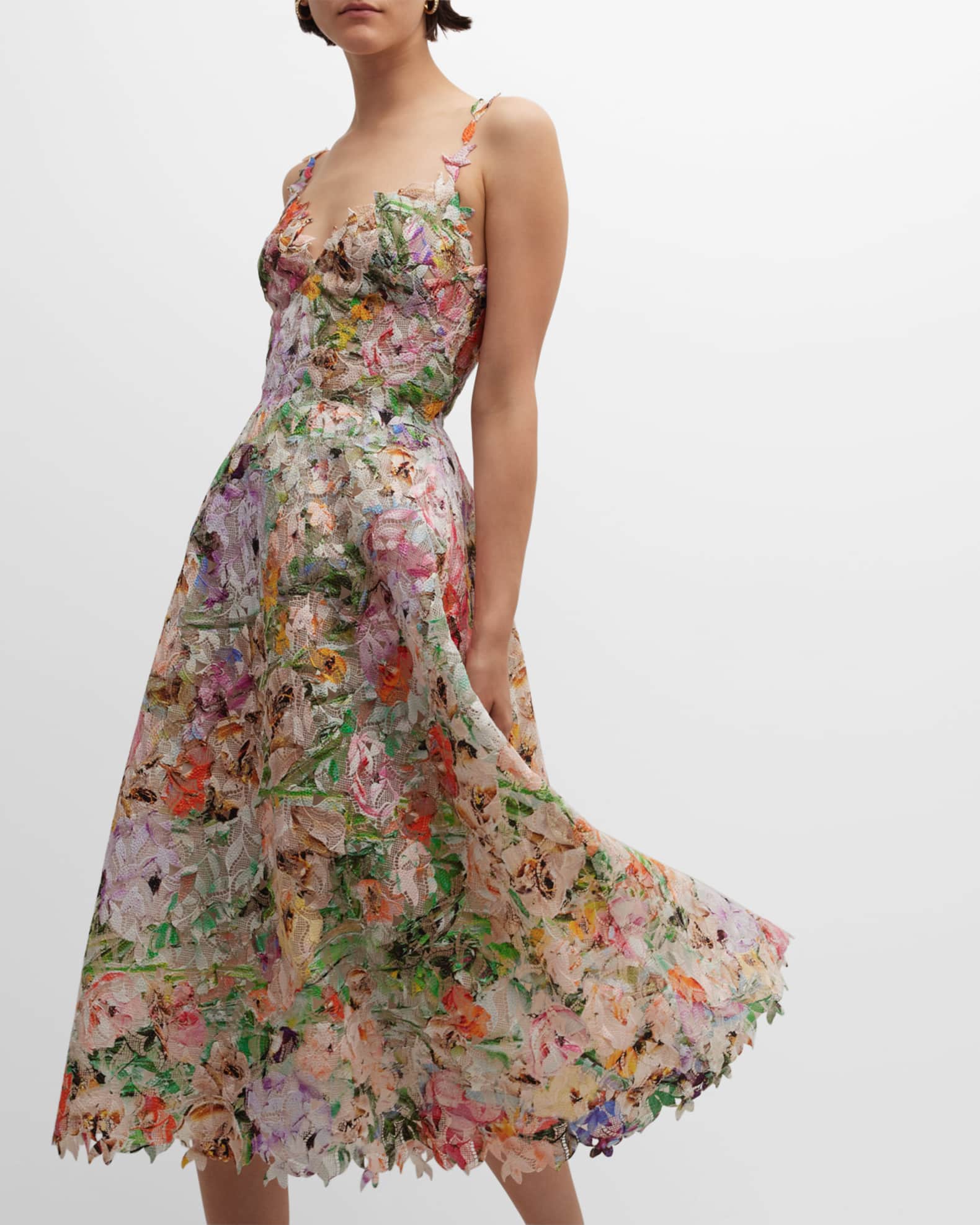 Monique Lhuillier Floral Lace Flared Midi Dress | Neiman Marcus