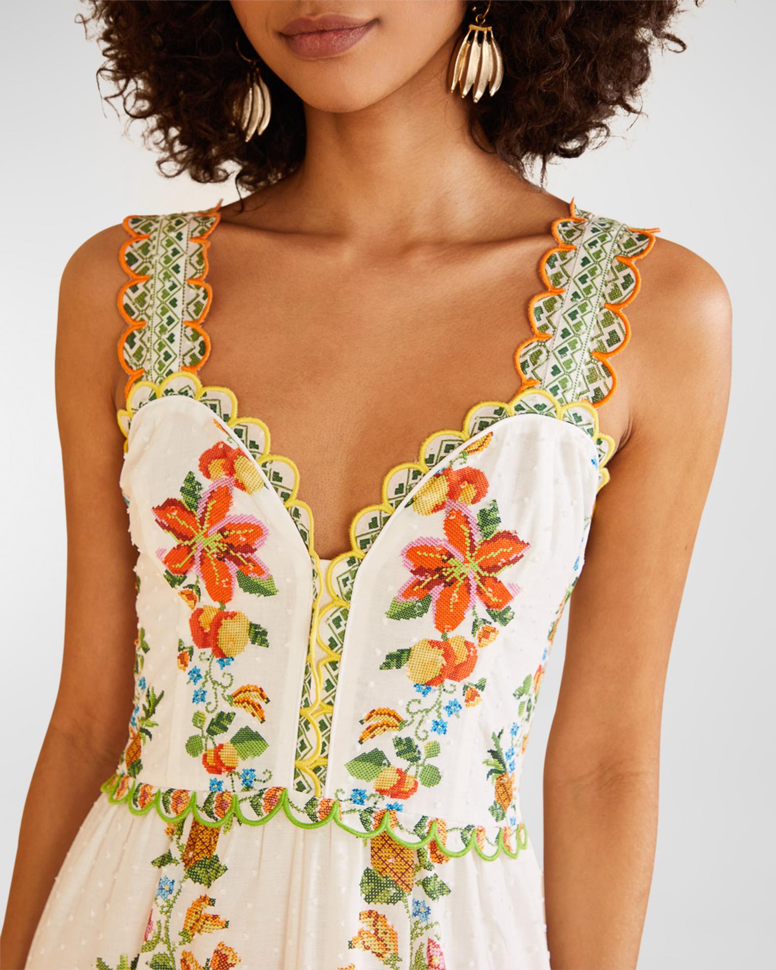 Farm Rio Mixed Tropical Romance Embroidered Midi Dress | Neiman Marcus