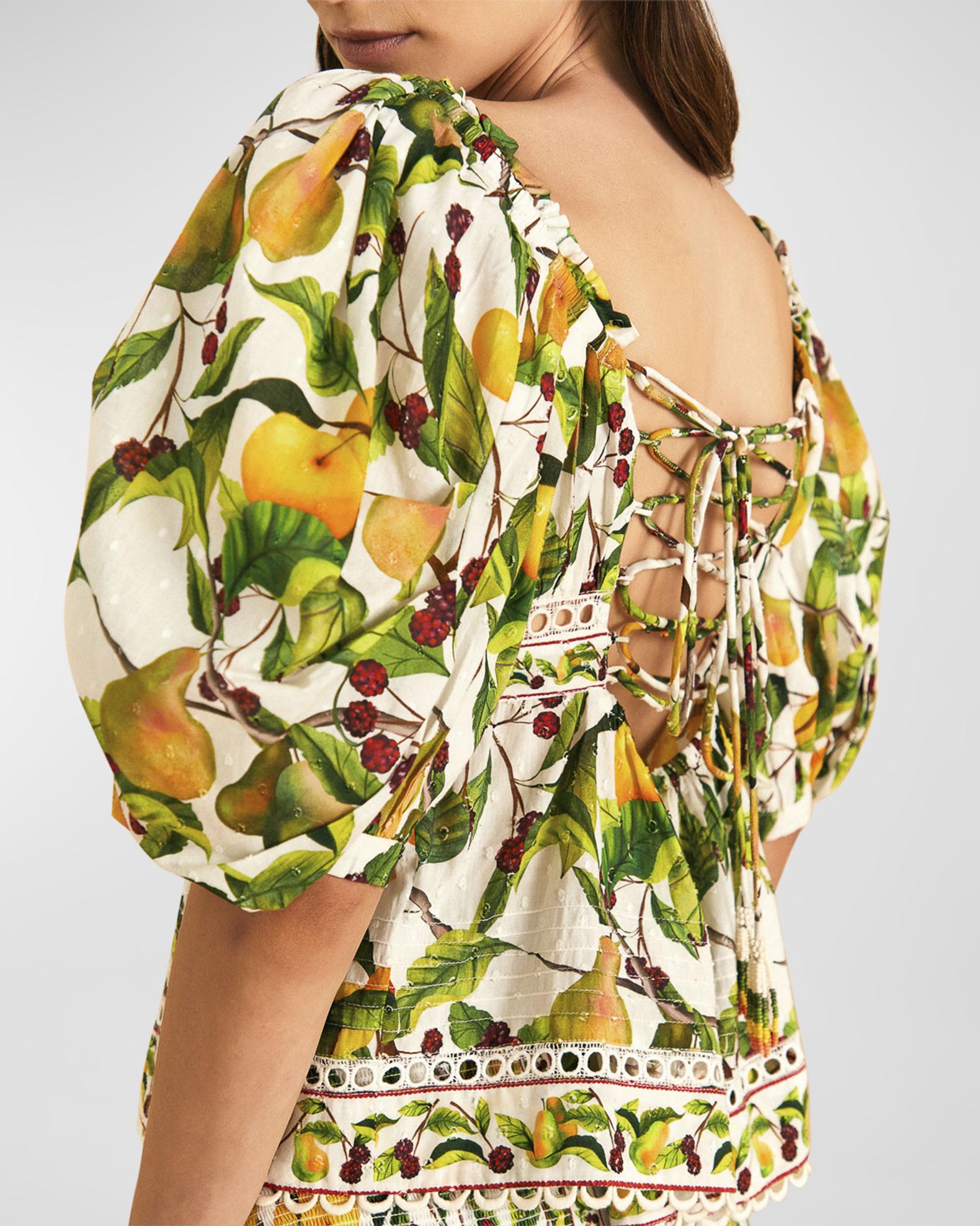 Farm Rio Fruit Orchard Puff-Sleeve Lace-Up Blouse | Neiman Marcus