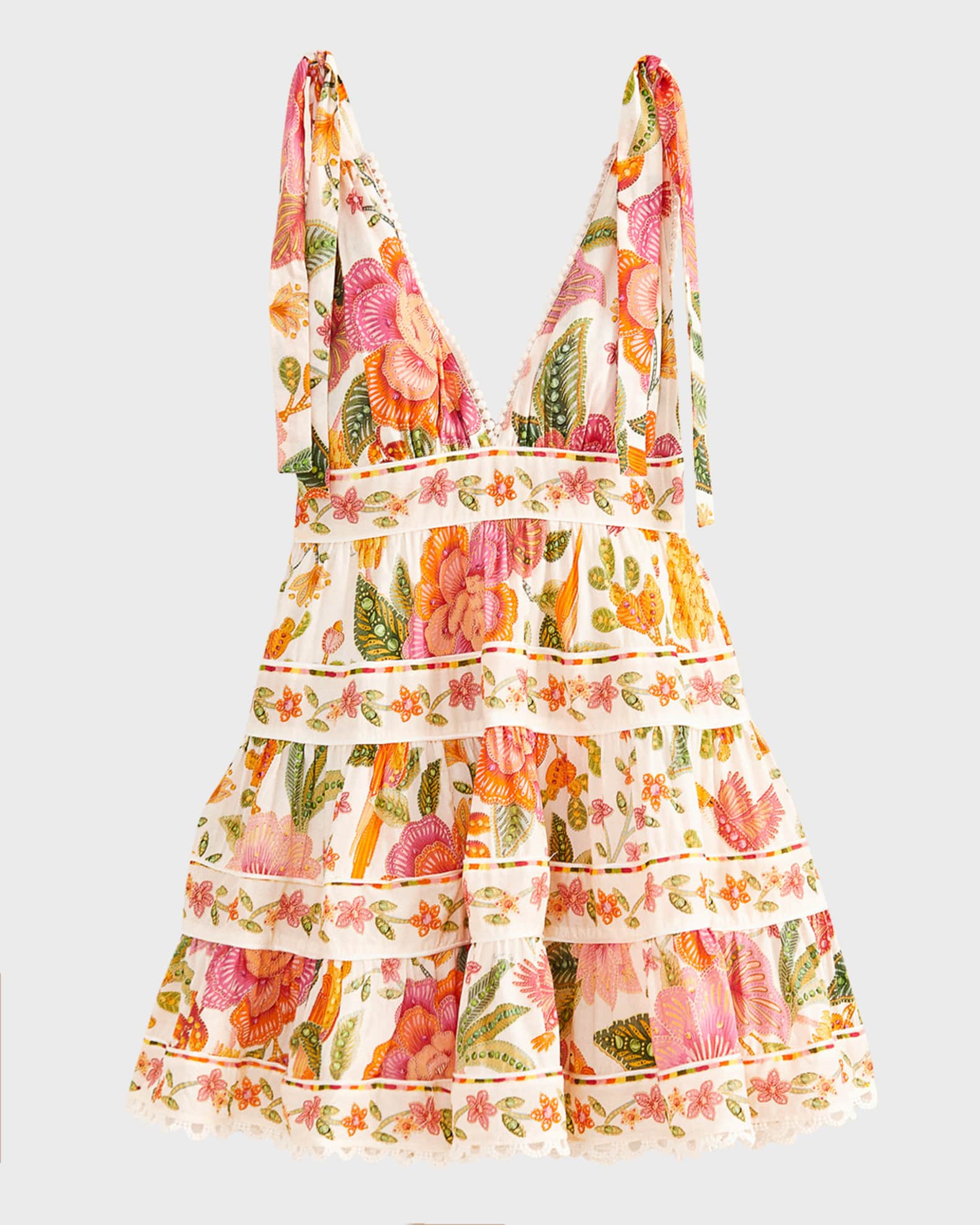 Farm Rio Macaw Bloom Tie-Shoulder Tiered Mini Dress | Neiman Marcus