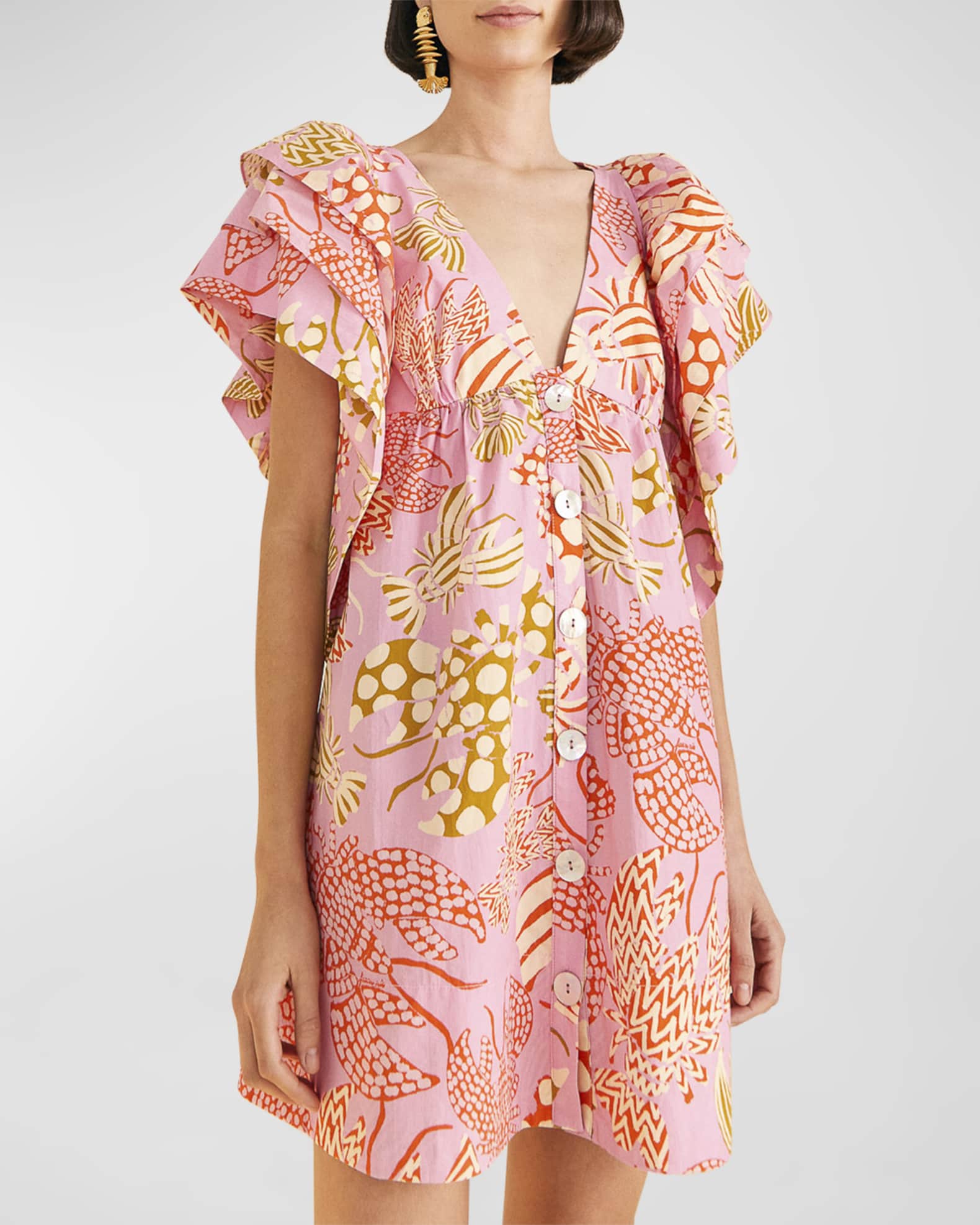 Farm Rio Mixed Lobsters ButtonFront Mini Dress Neiman Marcus
