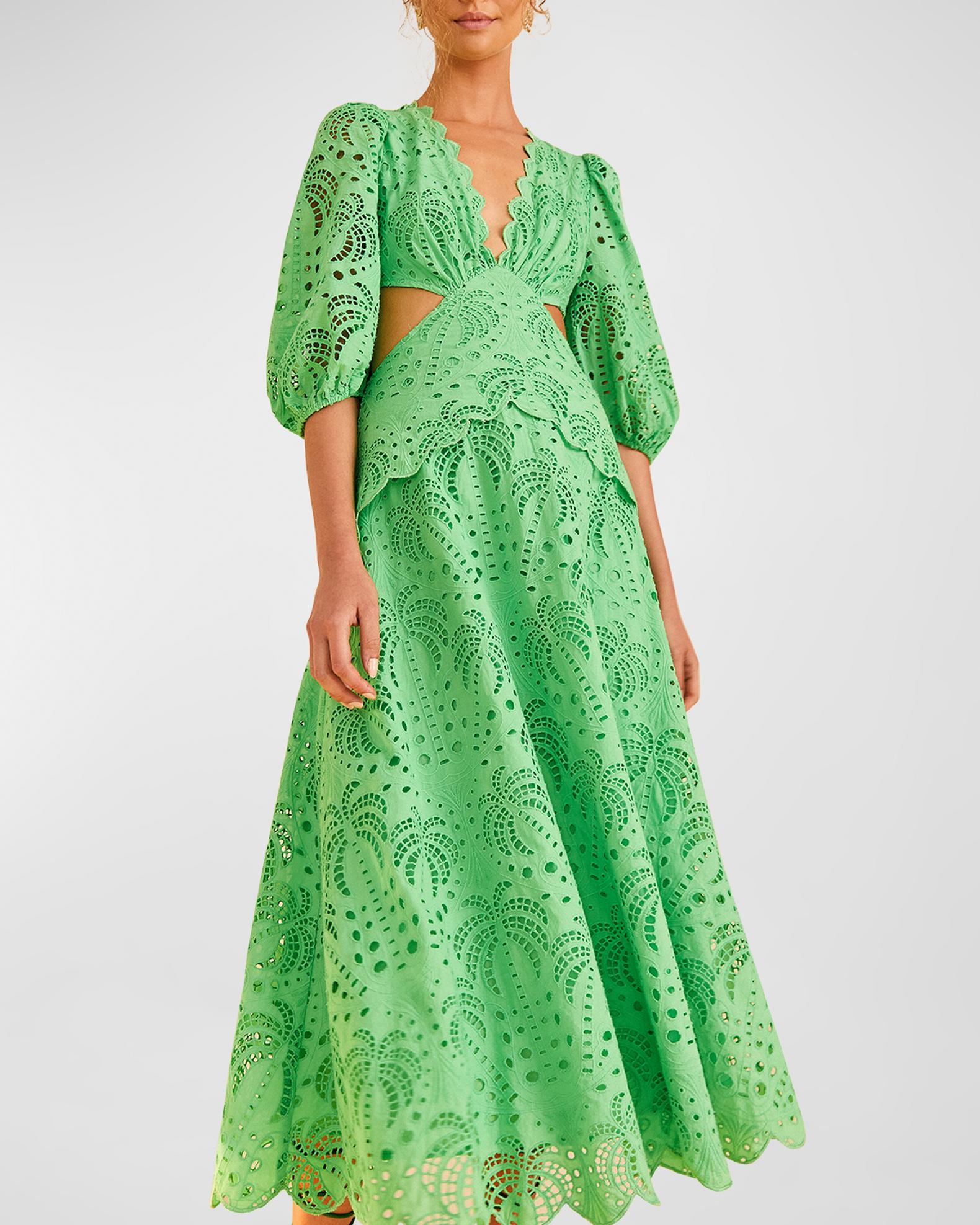 Farm Rio Green Richelieu Cutwork Midi Dress | Neiman Marcus