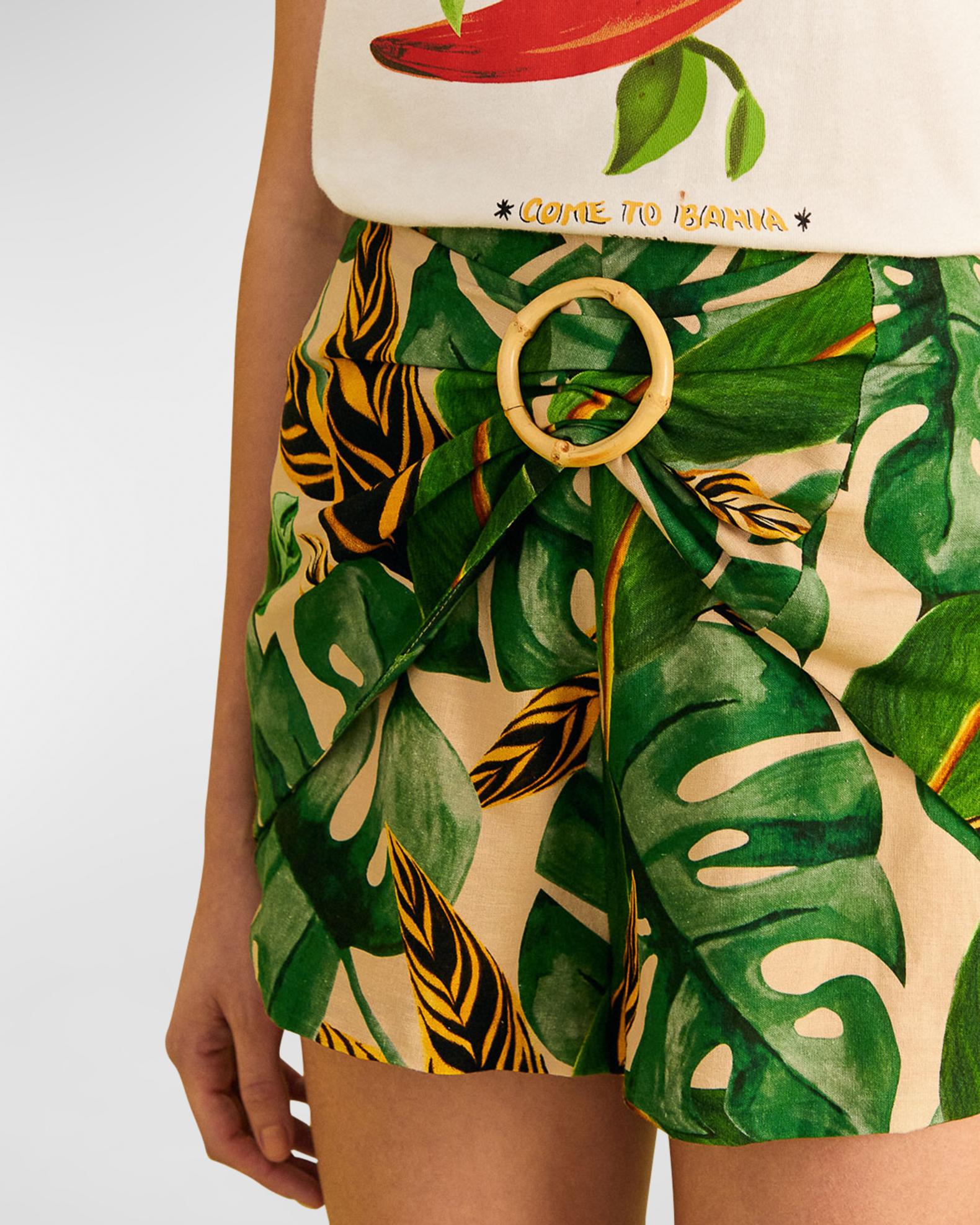 Farm Rio Tropical Leaves Belted Linen-Blend Shorts | Neiman Marcus
