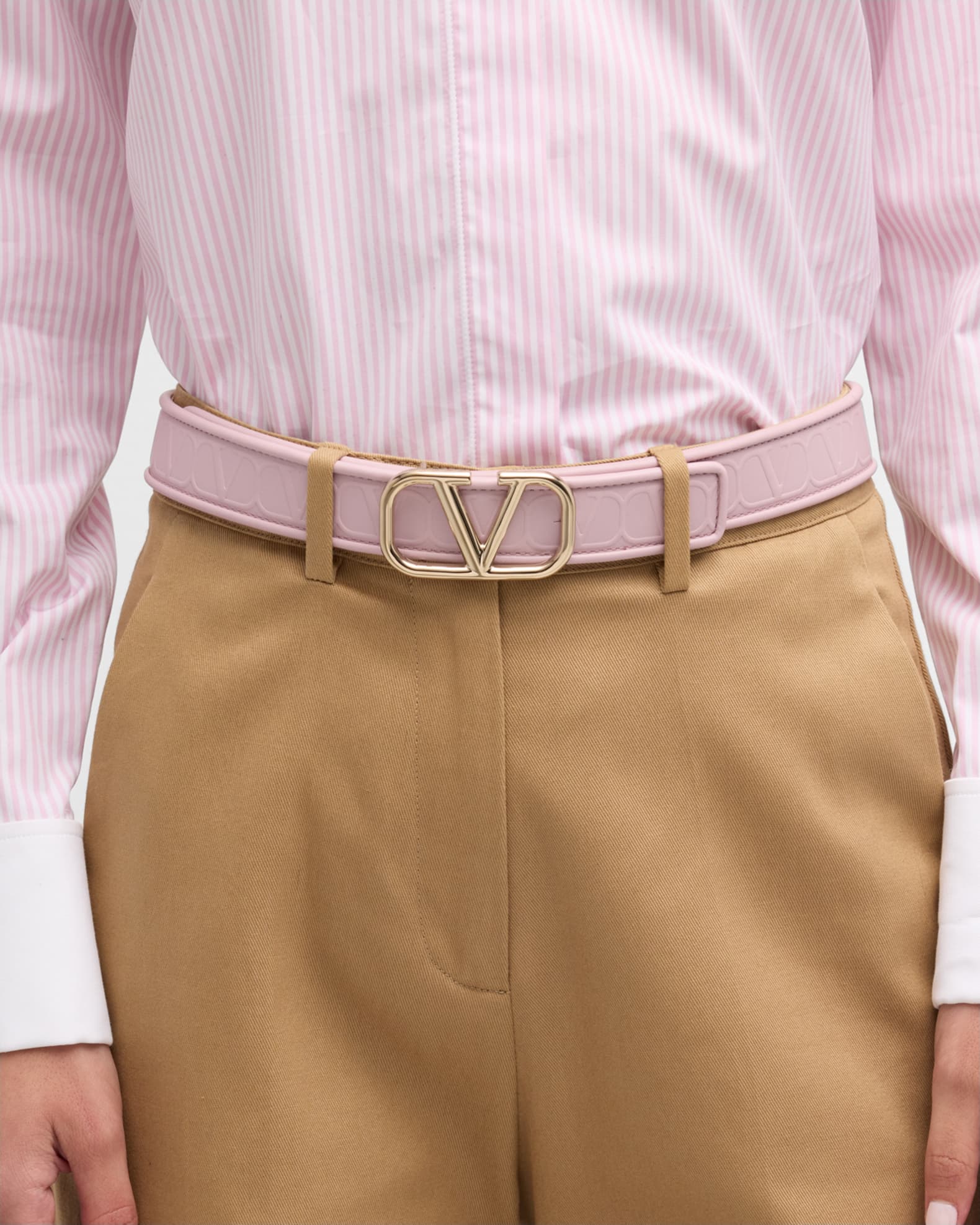 Valentino Garavani Toile Iconographe V-Logo Leather & Platinum Belt