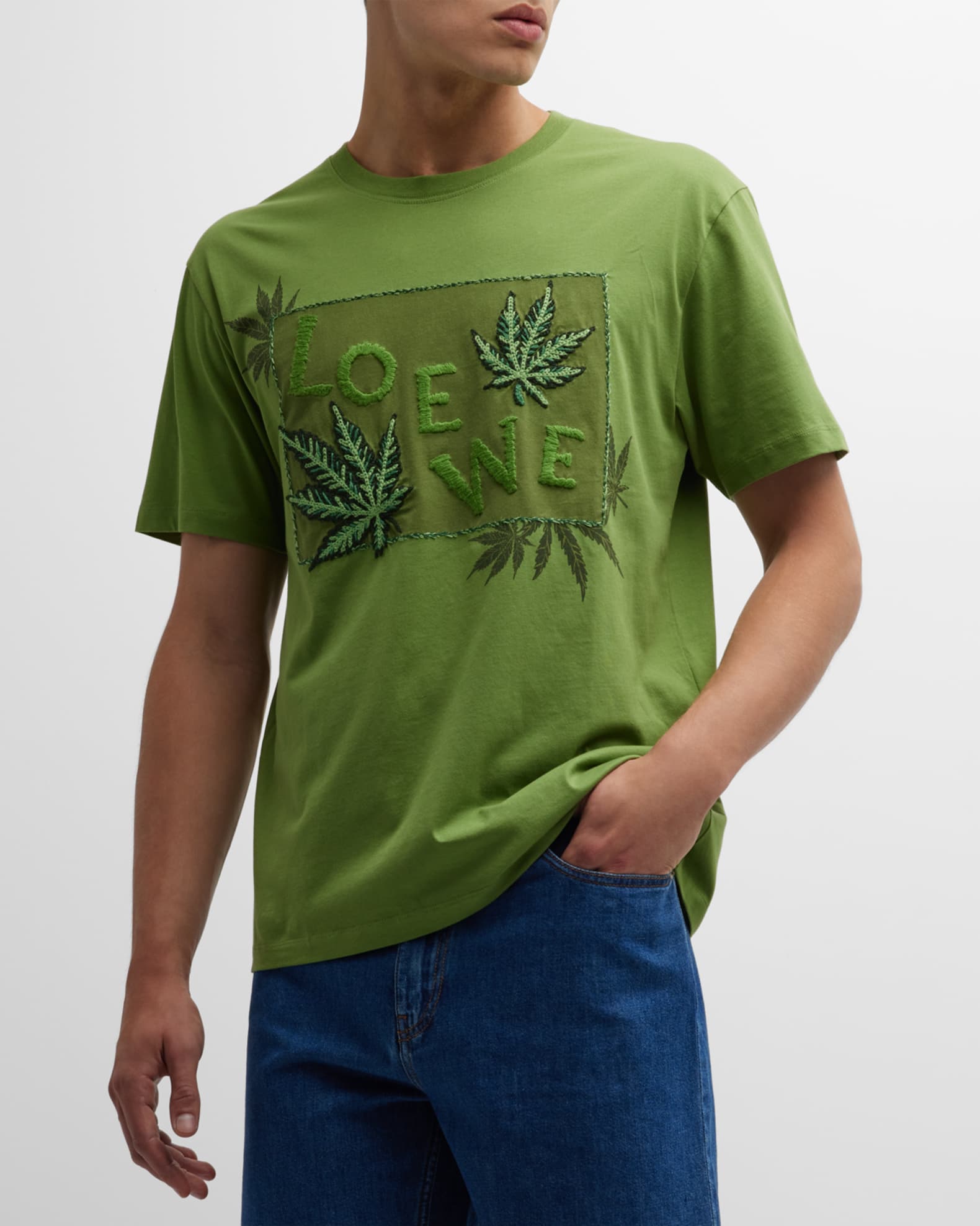 Loewe Men's Luxury Leaf Embroidered T-Shirt in Cotton - Green - Short Sleeve T-shirts