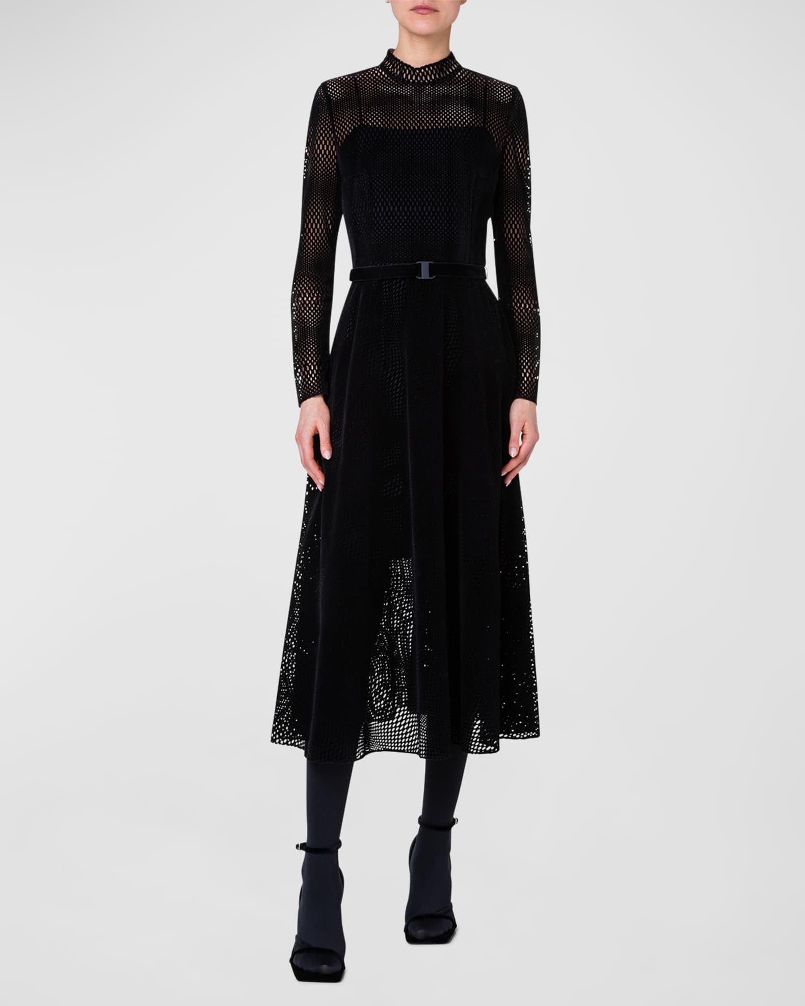Akris punto StandCollar Lasercut Velvet Grid Midi Dress Neiman Marcus