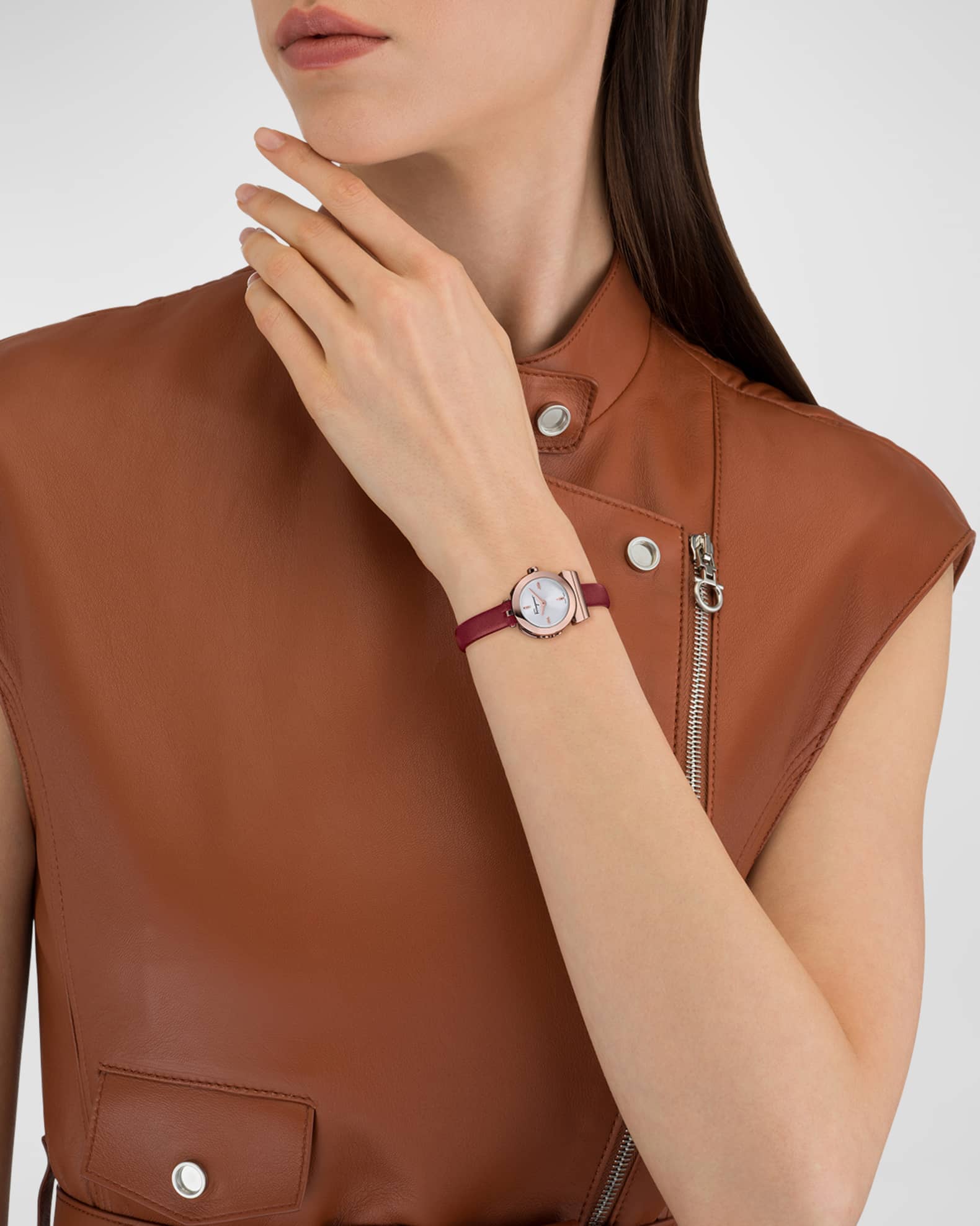 Ferragamo 22.5mm Gancino Watch with Leather Strap, Rose Gold/Red