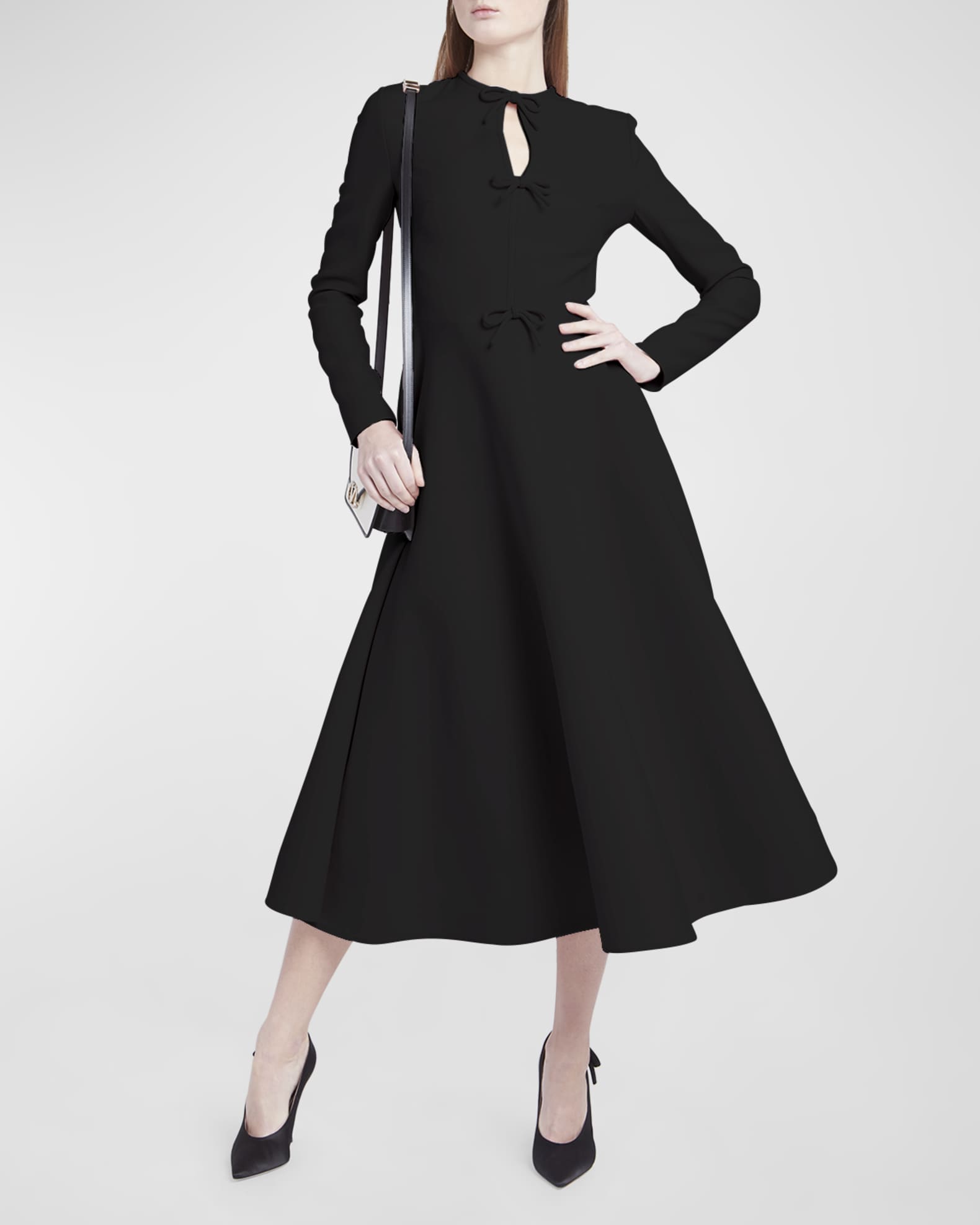 Louis Vuitton Short Sleeve Buttoned Neck Flare Dress Black Wool Silk