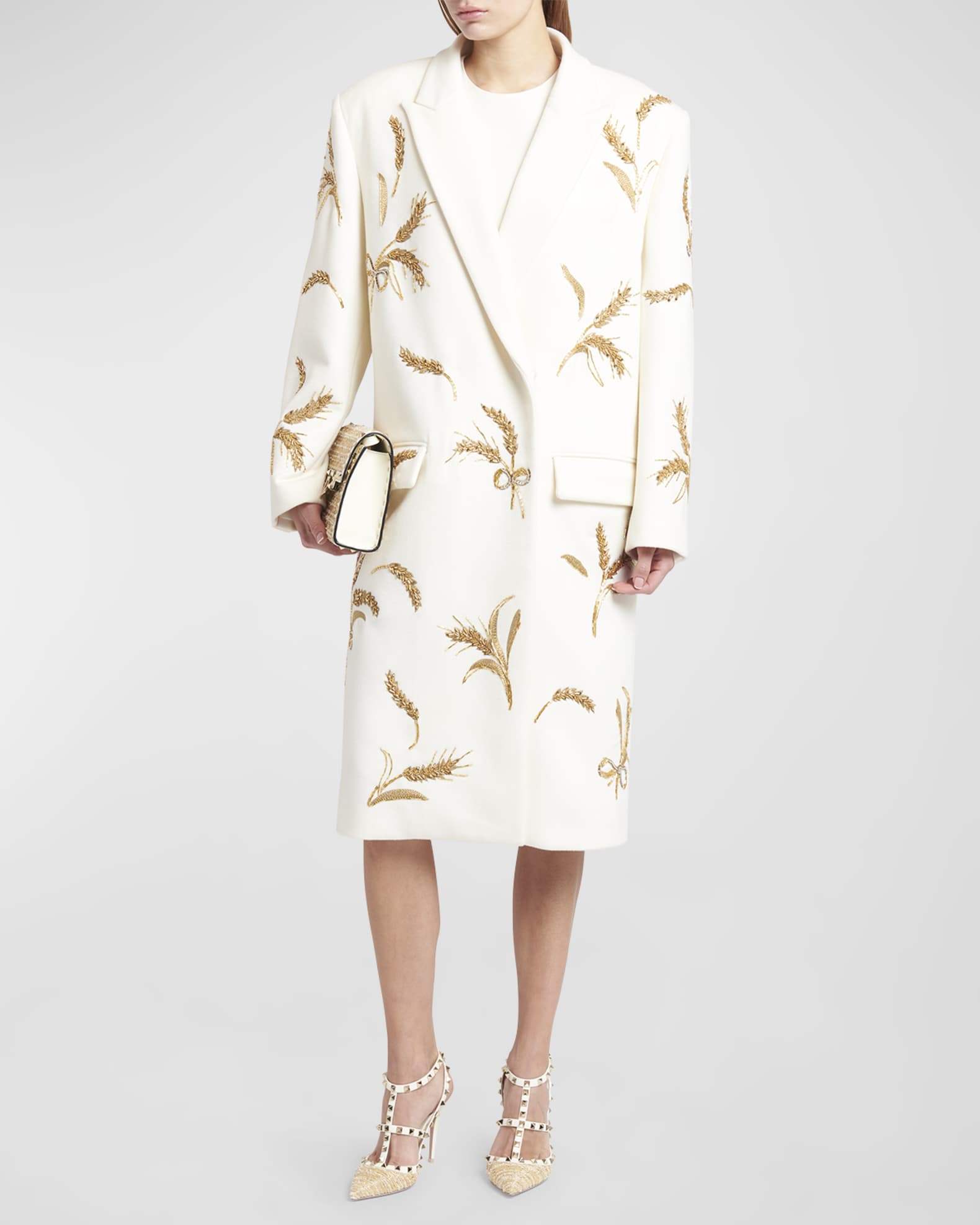 Valentino Garavani Ears of Wheat Embroidered Compact Cashmere Coat Neiman Marcus