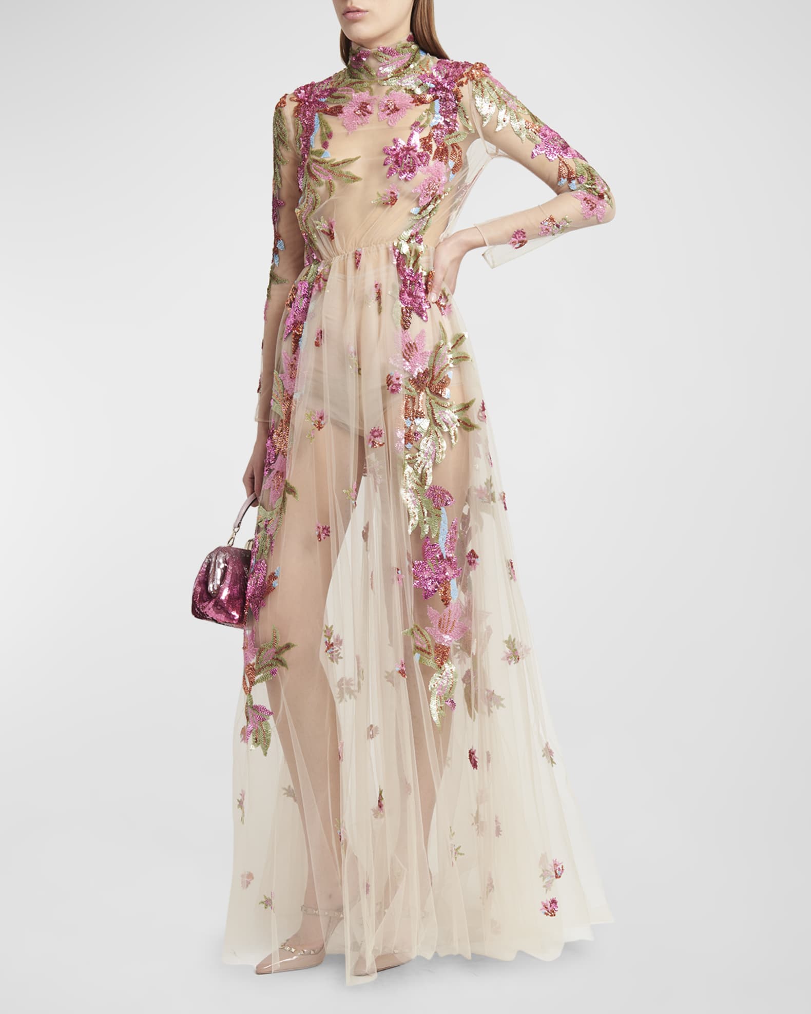 Valentino Garavani Embroidered Tulle Illusion Gown with Floral Details ...