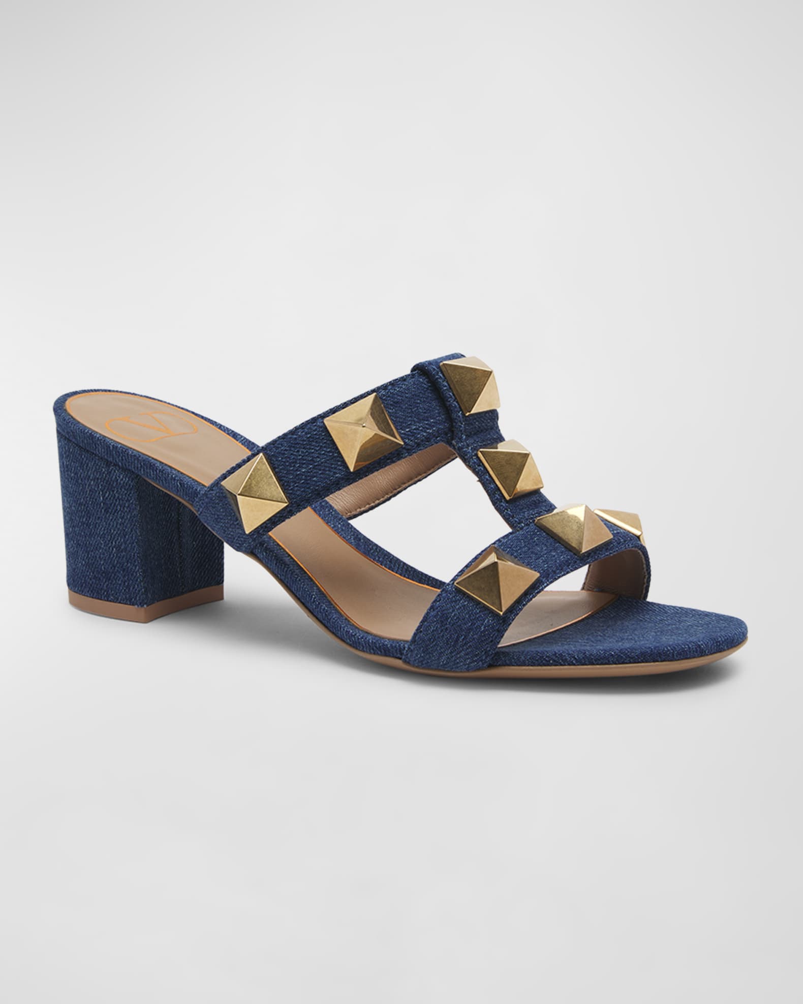 Valentino Garavani Roman Stud Denim Block-Heel Slide Sandals | Neiman ...