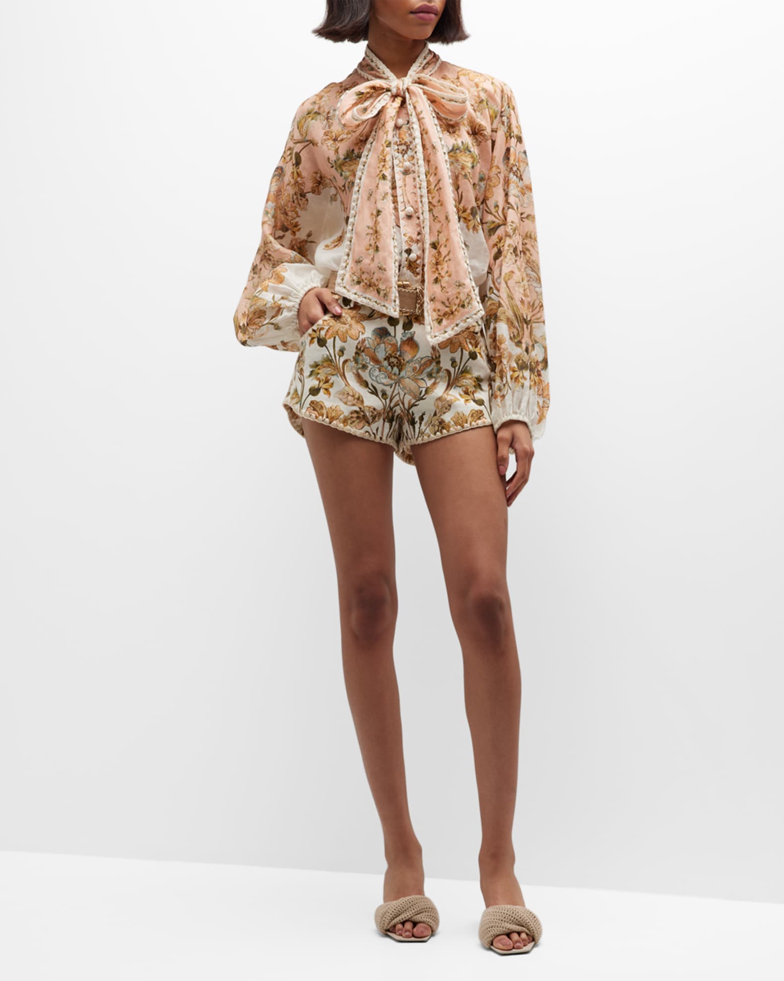 Zimmermann Chintz Floral Linen Mini Shorts | Neiman Marcus