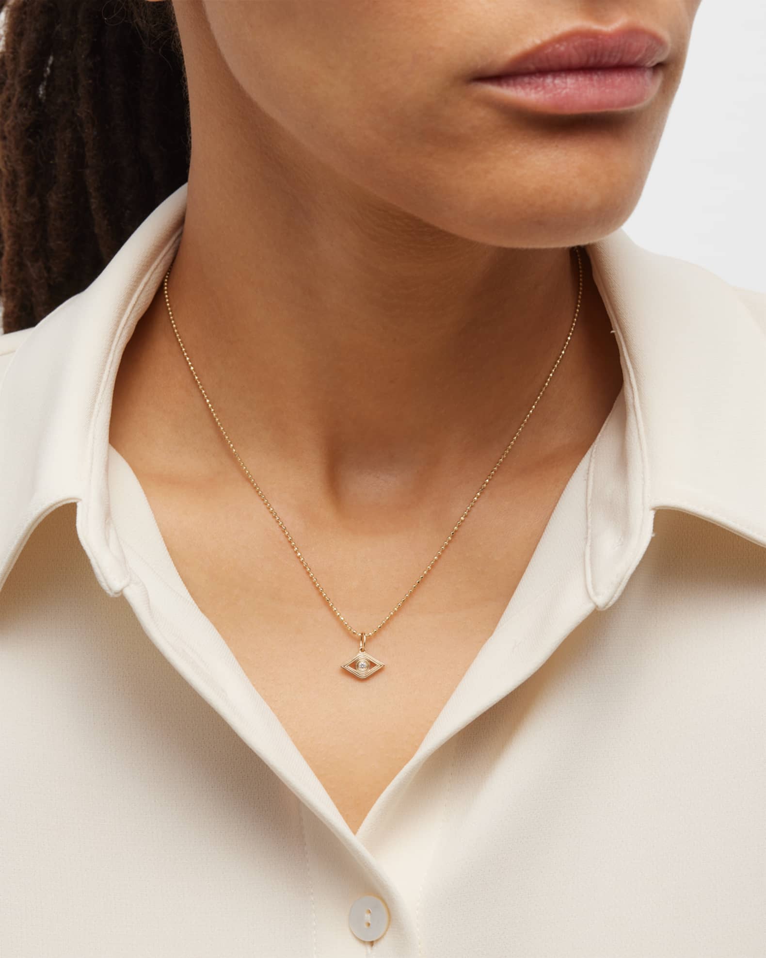14K Fluted Single Diamond Evil Eye Charm on Bolita Necklace 1