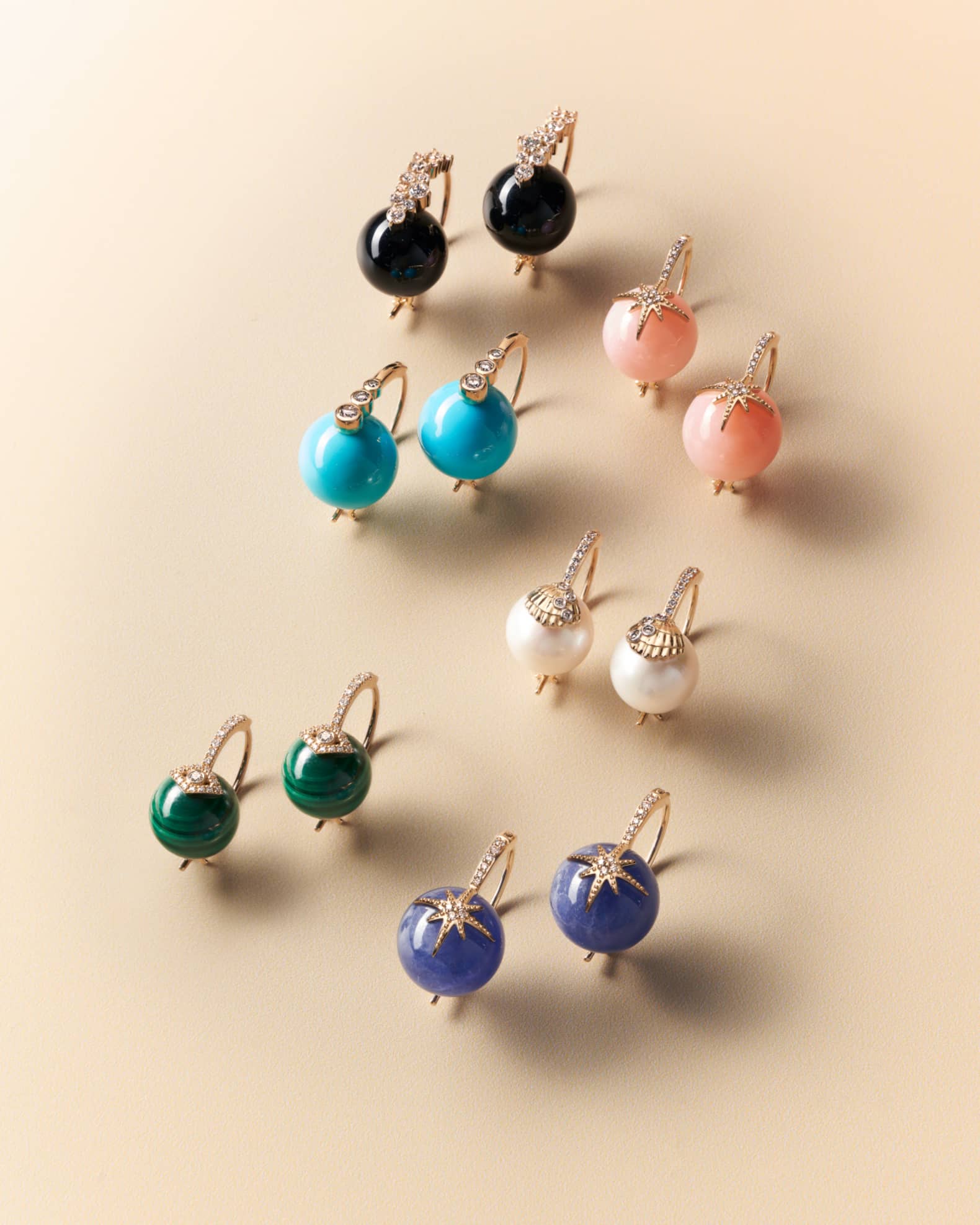 14K Pave Starburst Bead Earrings on Malachite 1