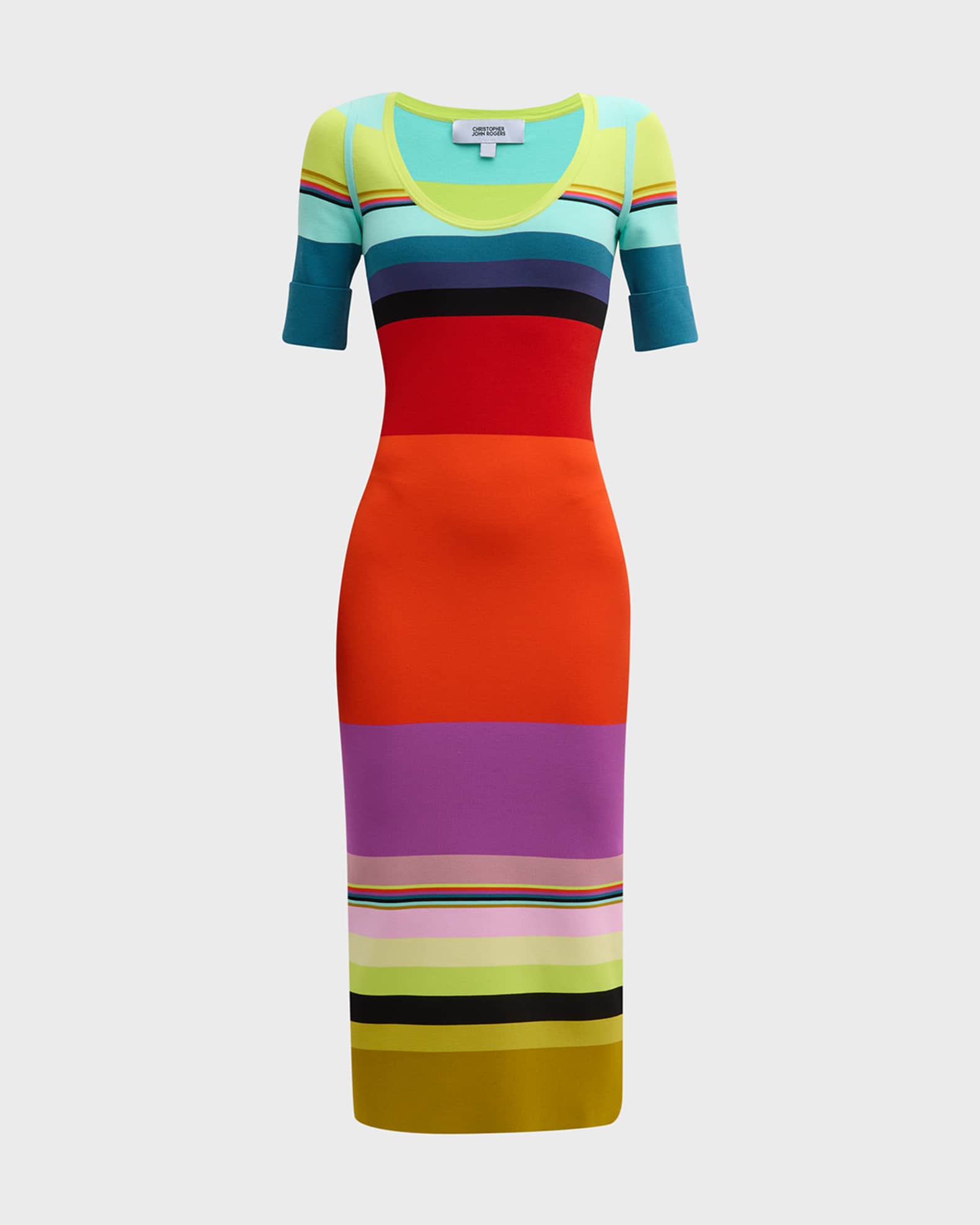 CHRISTOPHER JOHN ROGERS Striped ElbowSleeve Knit Midi Dress Neiman