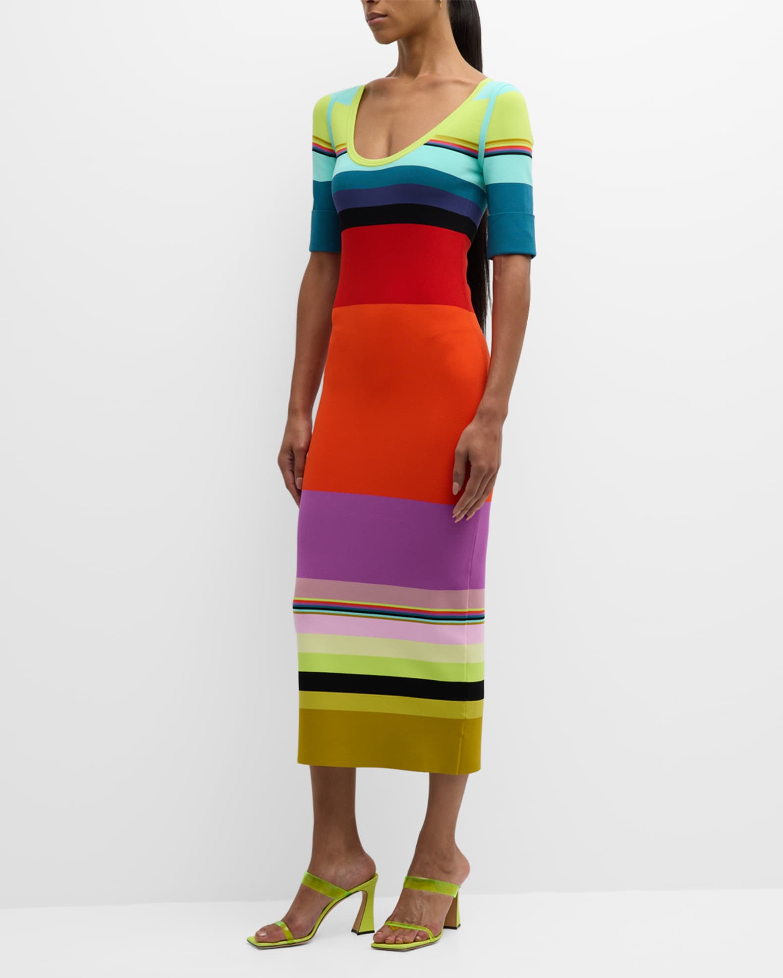 CHRISTOPHER JOHN ROGERS Striped ElbowSleeve Knit Midi Dress Neiman