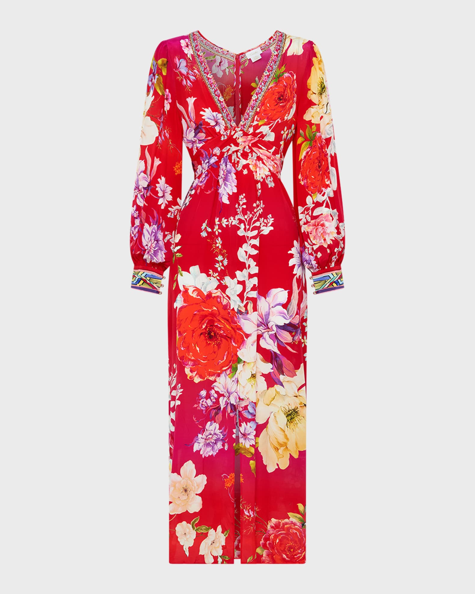 Camilla The Beetles Twist-Front Long Floral Silk Dress | Neiman Marcus