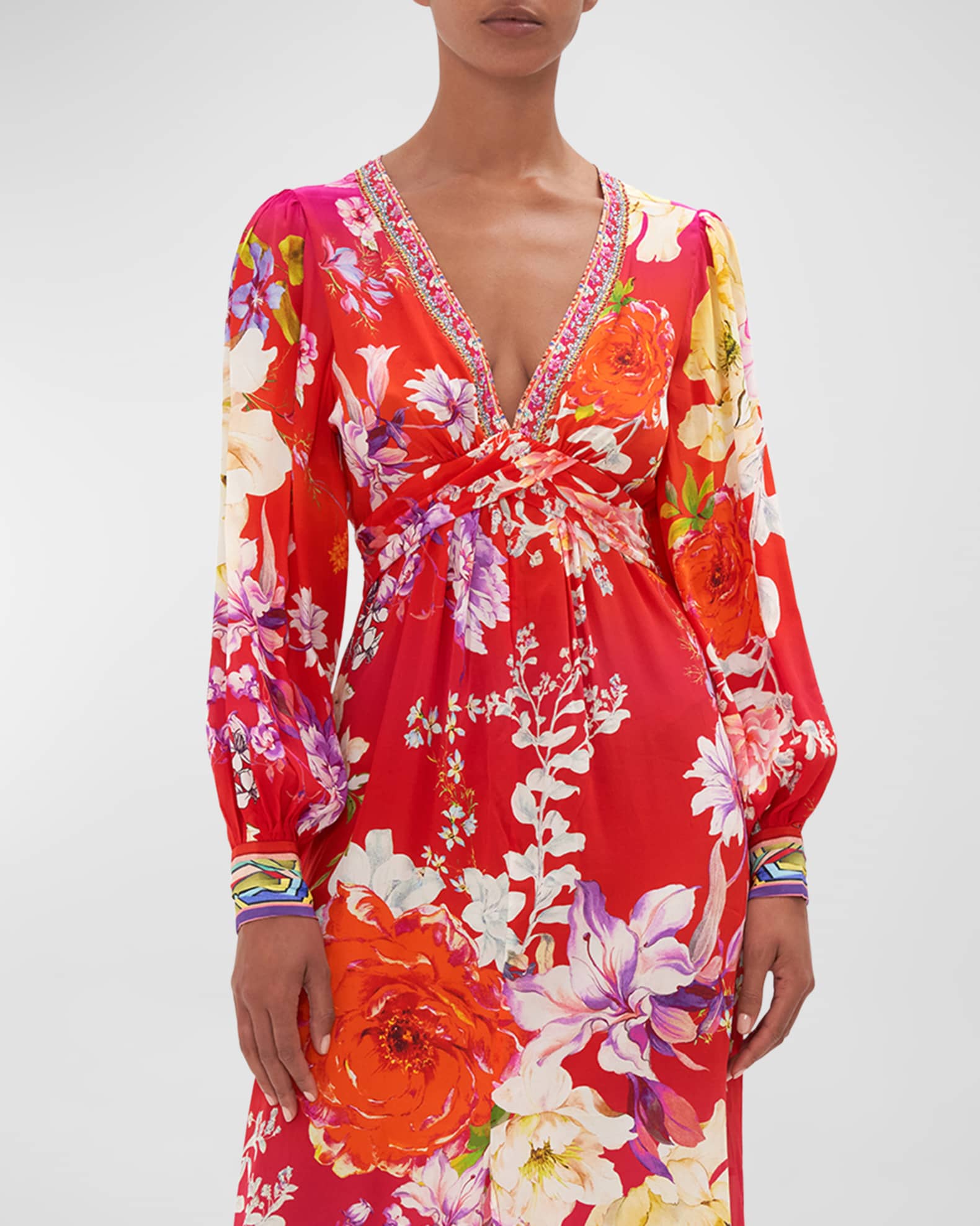 Camilla The Beetles Twist-Front Long Floral Silk Dress | Neiman Marcus
