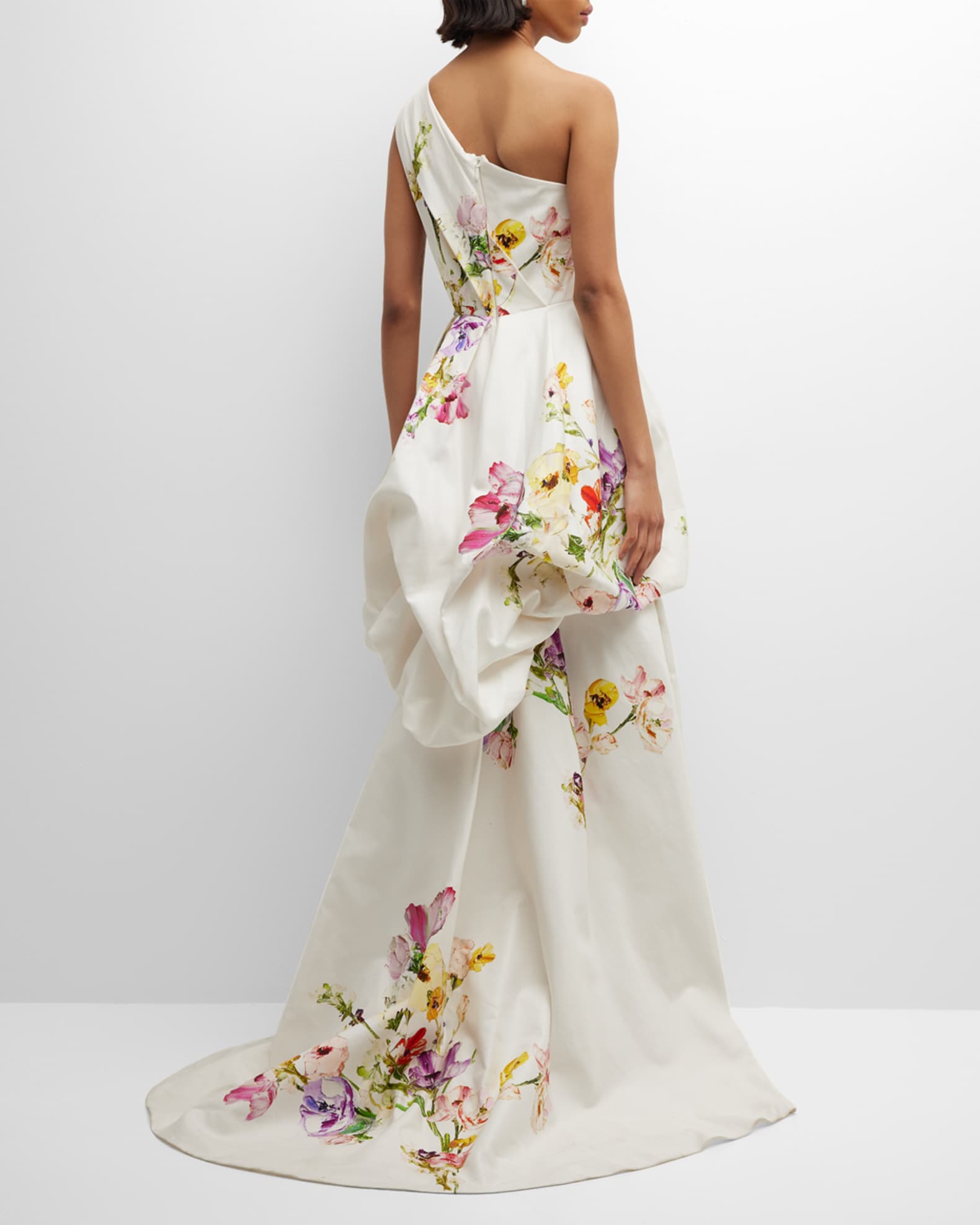 Monique Lhuillier One-Shoulder Botanical-Print Bustle Gown | Neiman Marcus
