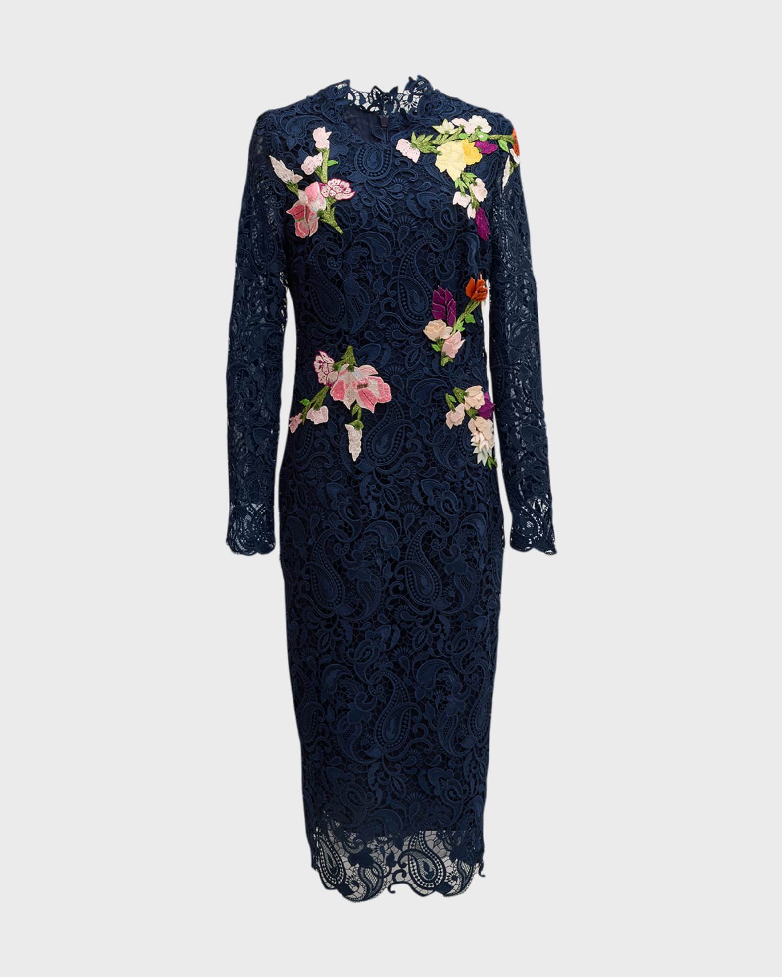Monique Lhuillier Floral-Embroidered Long-Sleeve Lace Midi Dress ...