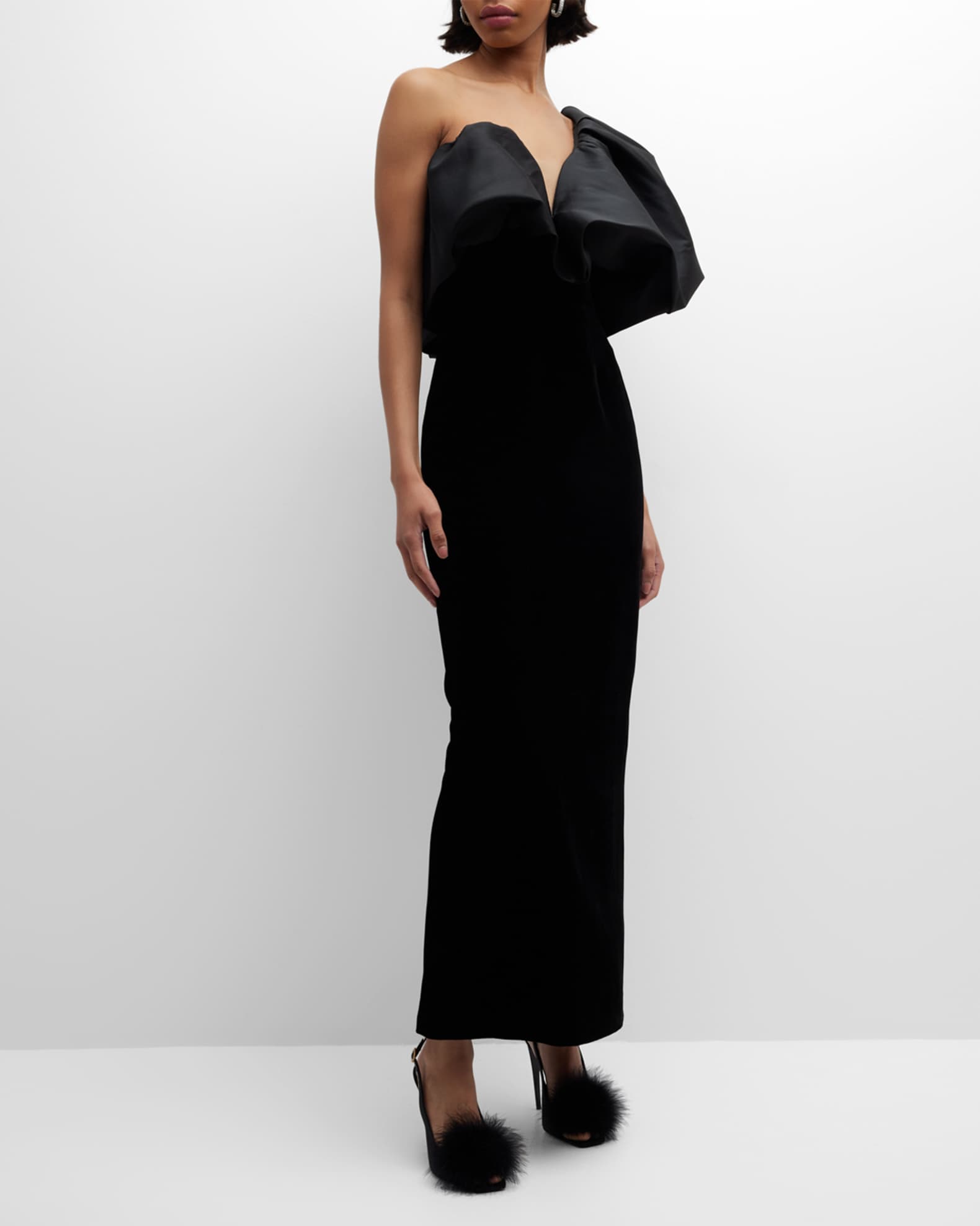 Monique Lhuillier OneShoulder Sculptural PuffSleeve TeaLength Dress