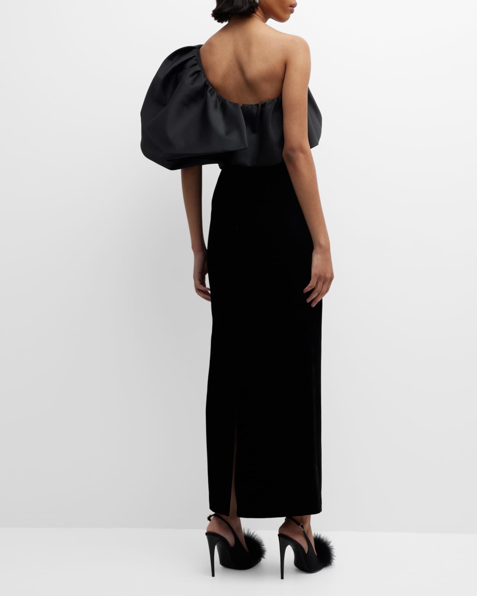Monique Lhuillier One-Shoulder Sculptural Puff-Sleeve Tea-Length Dress ...