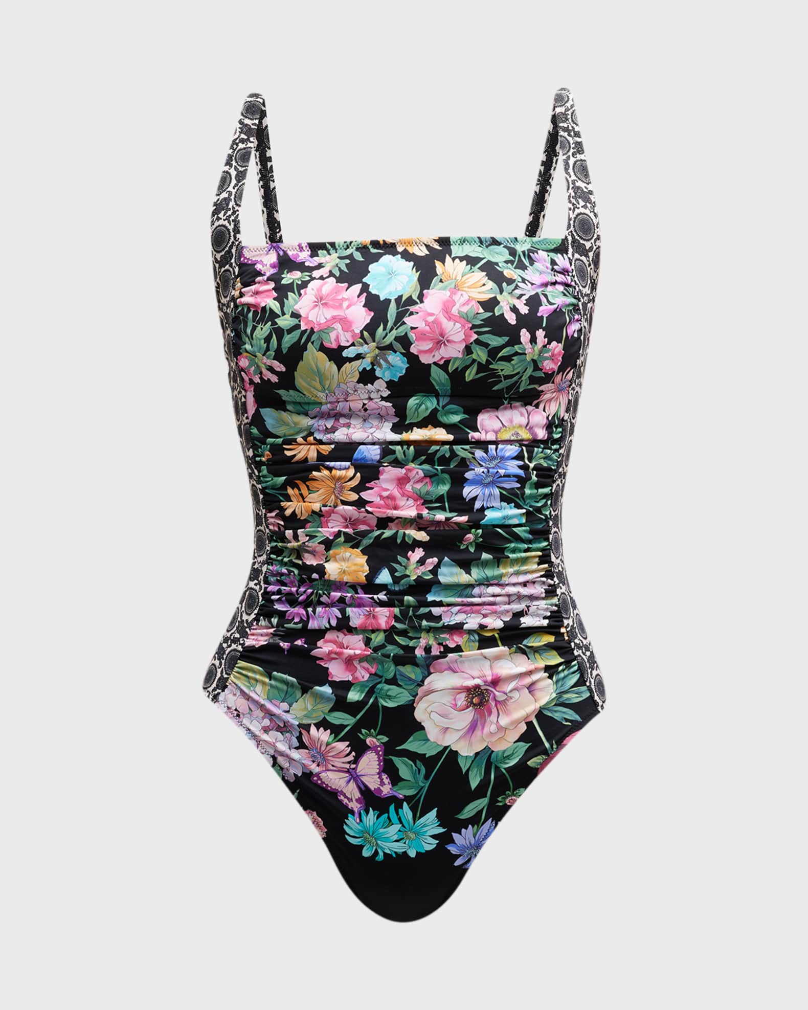 Johnny Was Floral Ruched One-Piece Swimsuit | Neiman Marcus