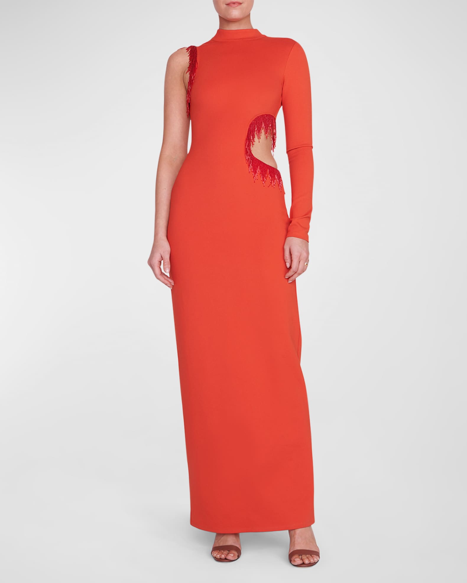 Staud Kirsten OneSleeve CutOut Fringed Column Maxi Dress Neiman Marcus