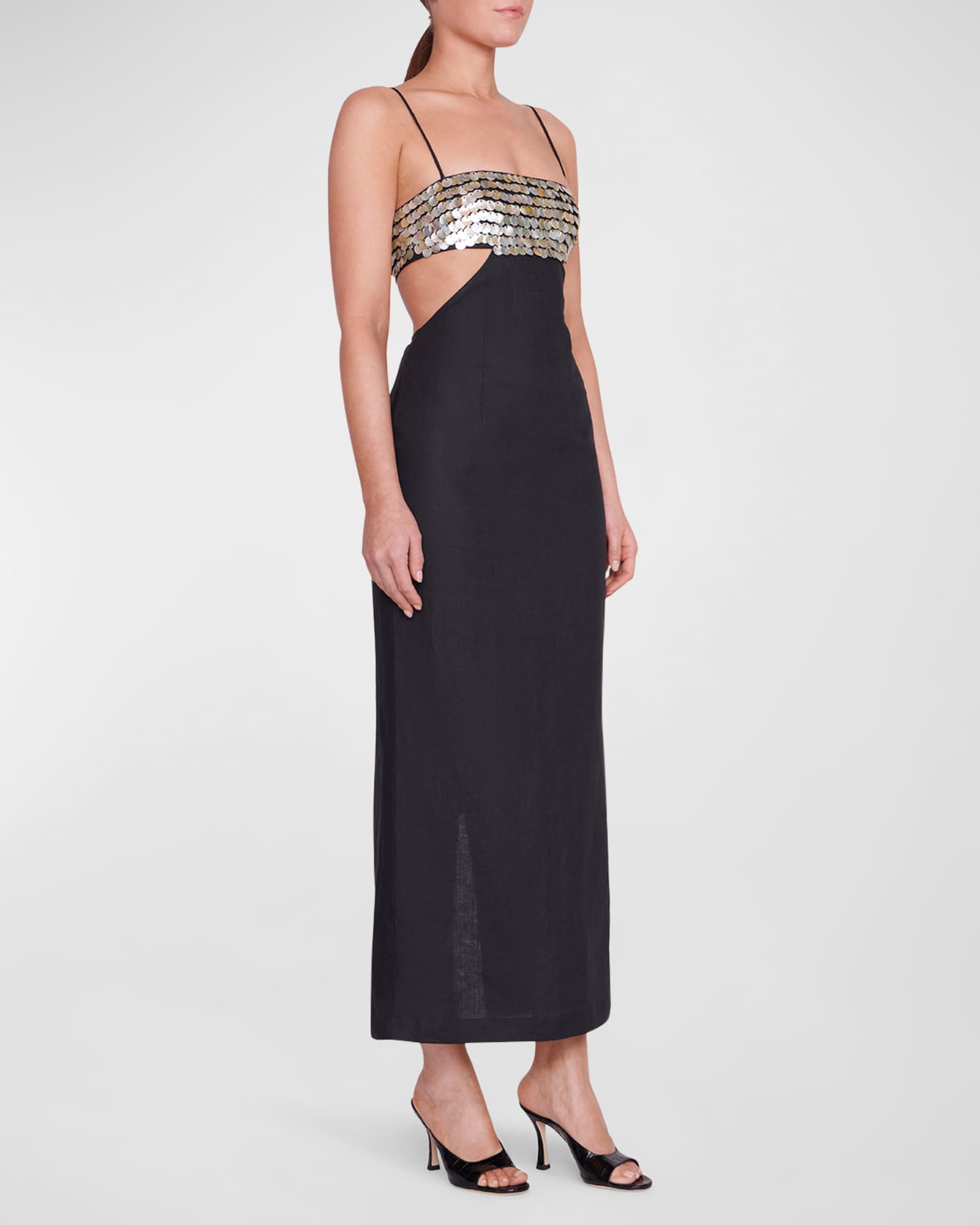 Staud Jada Sequined Bodice Cutout Midi Dress | Neiman Marcus