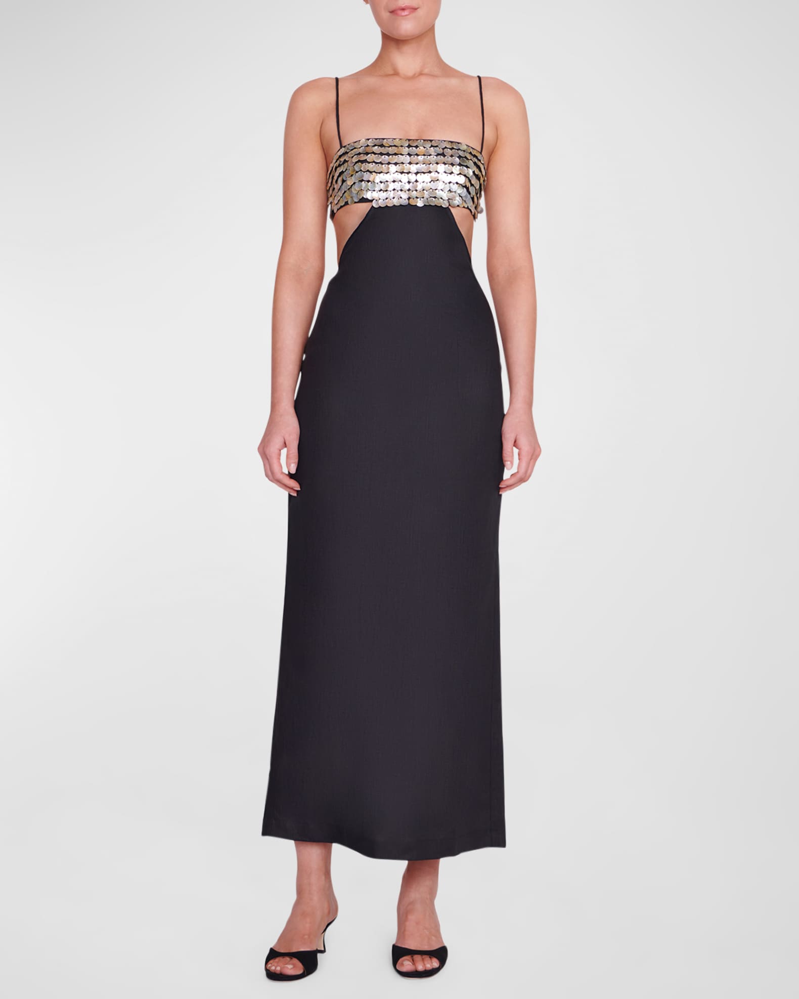 STAUD Jada Sequined Bodice Cutout Midi Dress Neiman Marcus