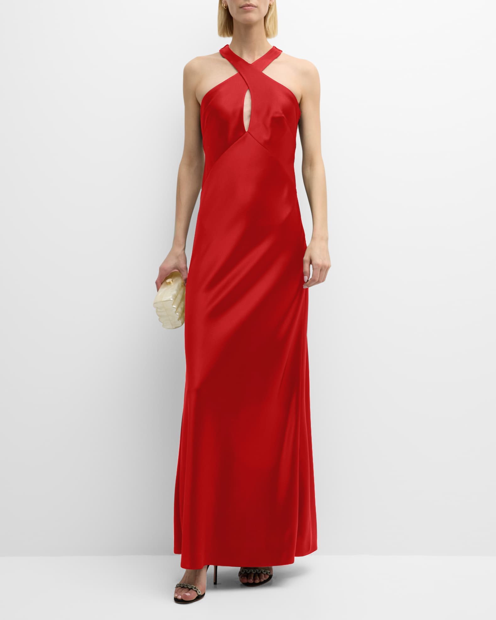 Galvan Evelyn Crossover Halter Satin Gown Neiman Marcus 9340