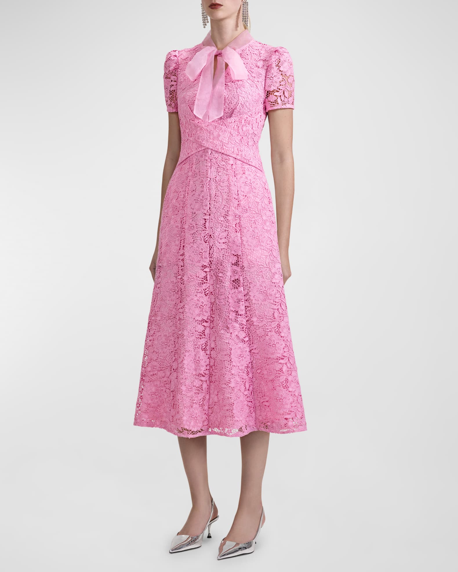 Self-Portrait Floral Cord Lace Tie-Neck Crossover Midi Dress | Neiman ...