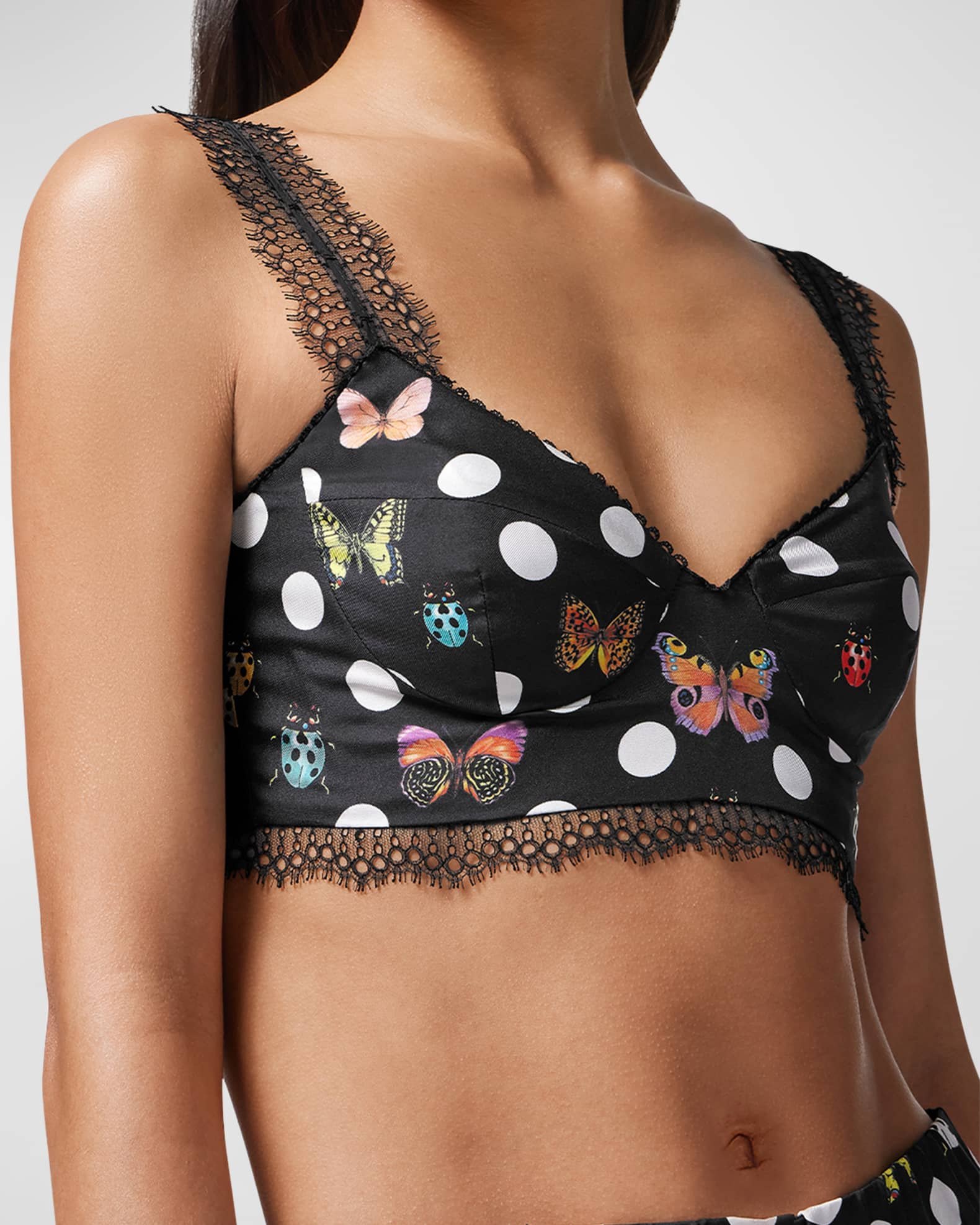 Versace Butterfly Ladybug Polka-Dot Silk Bra Top with Lace Trim