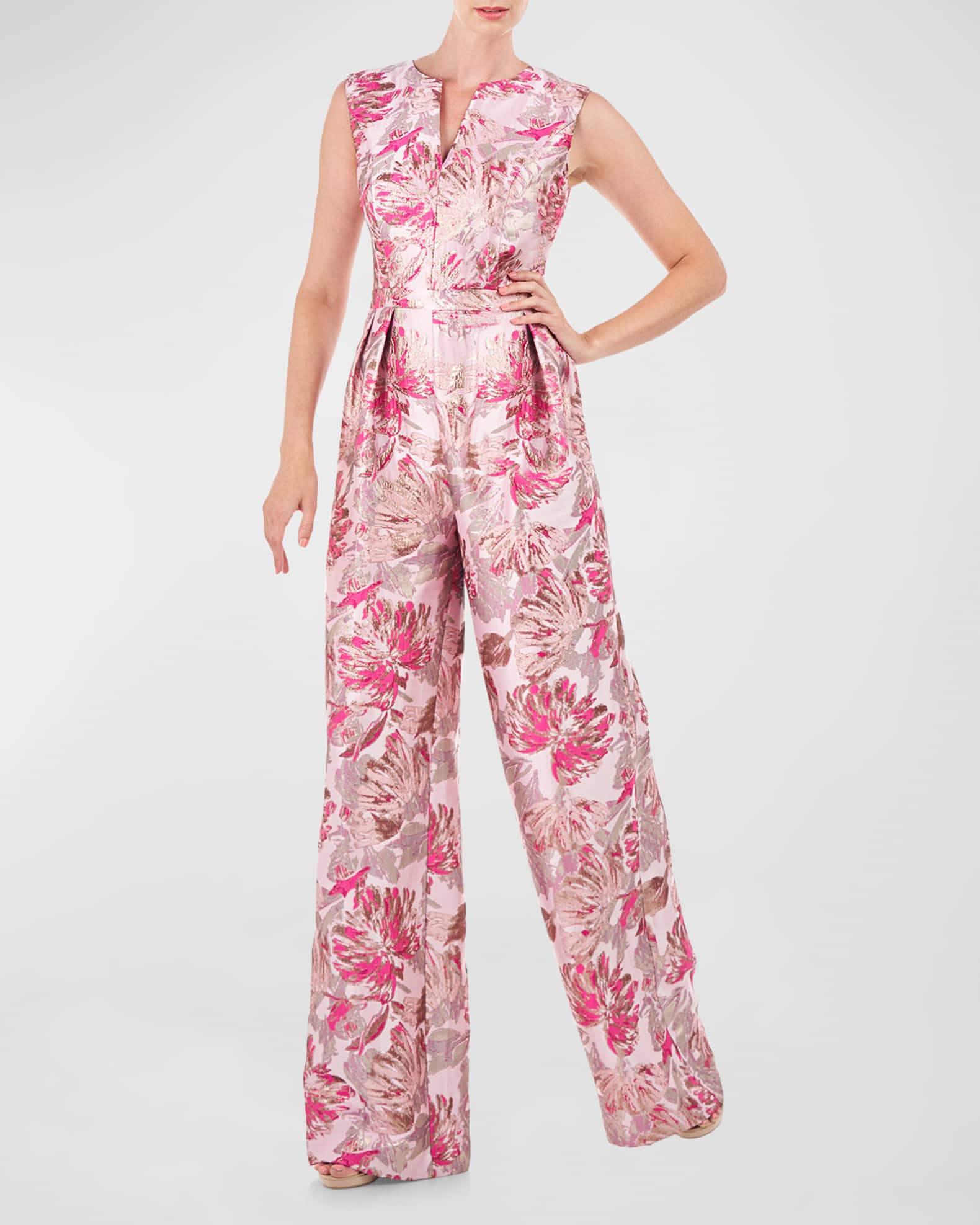 Kay Unger New York Cleo Pleated Jacquard Jumpsuit | Neiman Marcus